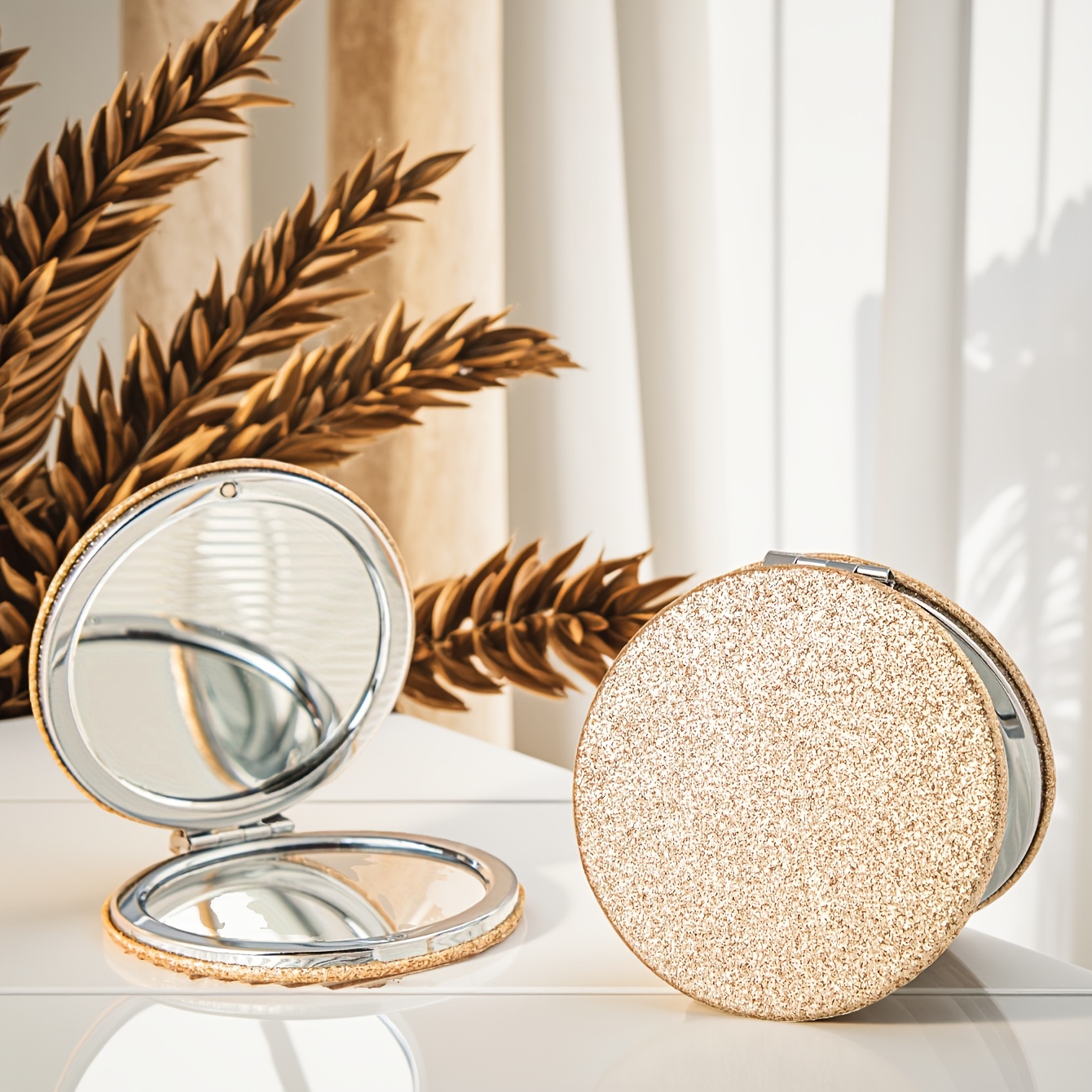 TEMU 1pc Round Loose Golden Compact Double-sided Handheld Use Makeup Mirror, Beauty Mirror, Portable Mirror, Suitable For Pocket, Handbag, Wallet,