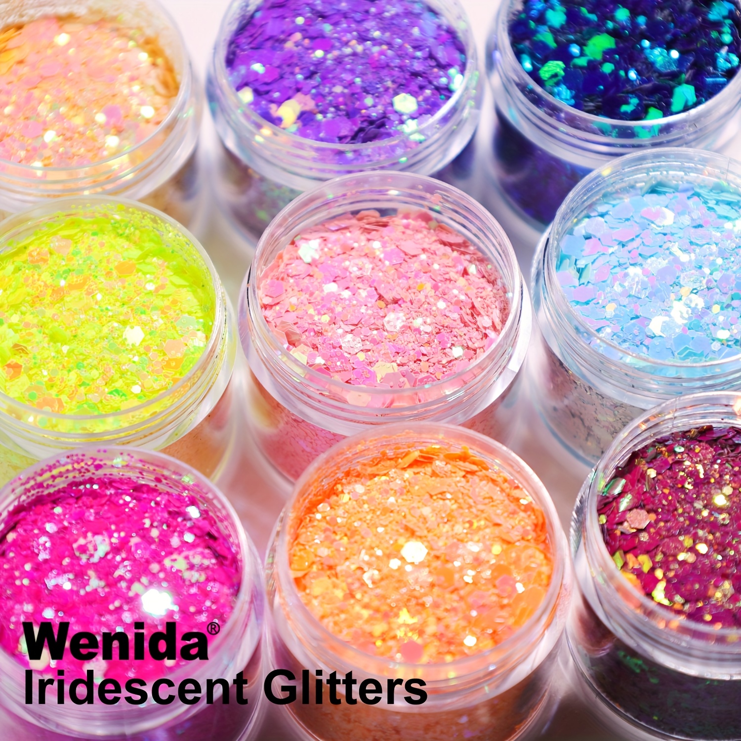 

Wenida 9-bottle Set Of 12g Iridescent Glitter - 3 Sizes Mix, Vibrant & For Nails, Makeup, And Diy Projects. And Sparkling Effects