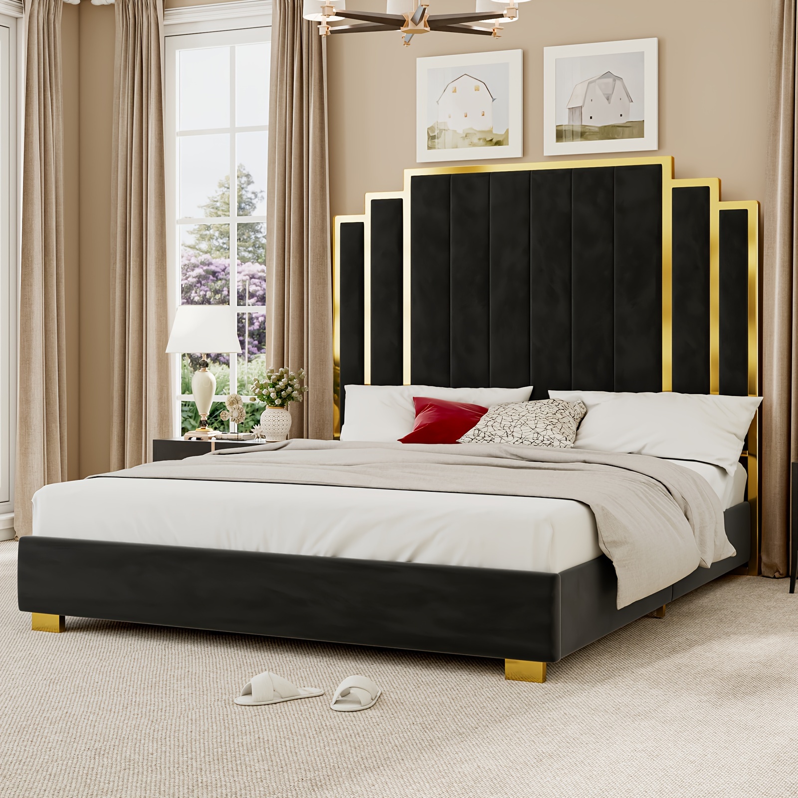 

Platform Bed Frame With Extra Tall Headboard, Velvet Upholstered Bed With Golden Plating Trim, Wooden Slats/ Spring Needed/ Free