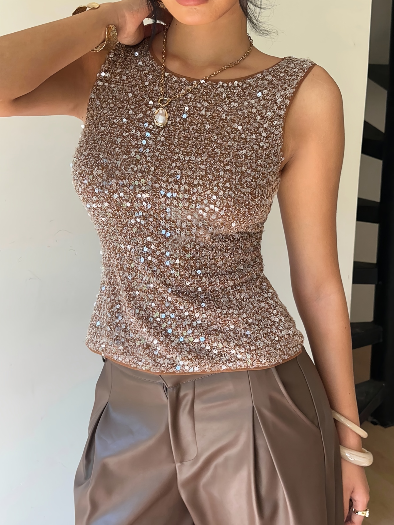 Top con Paillettes Donna Primavera/Estate, Gilet Senza Maniche con Scollo Tondo