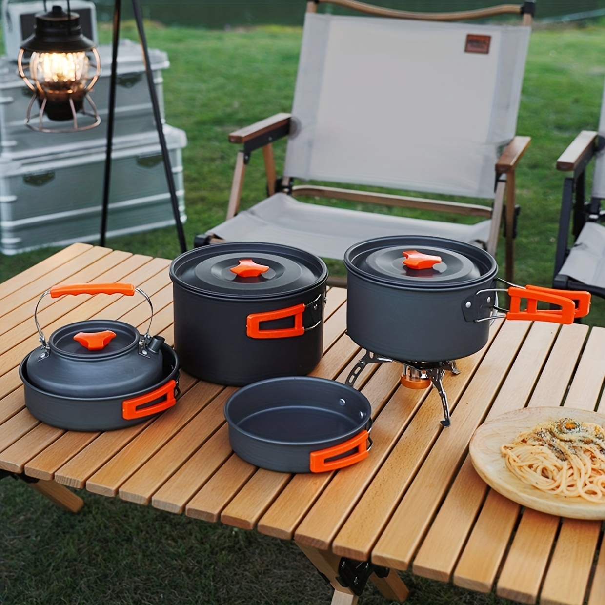 three piece outdoor cookware portable and easy to store kettle frying   pot bowl storage bag spatula boiling making tea cooking rice stir frying pan frying steak charcoal camping   used aluminum body with iron lid