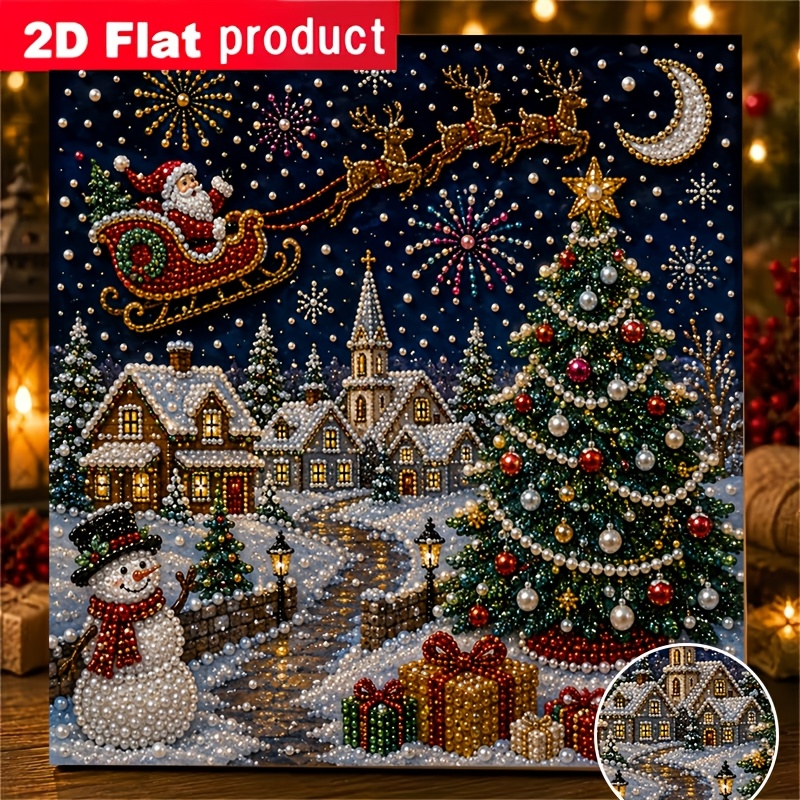 TEMU Nouveau kit de peinture diamant colorée, traîneau de Père Noël et sapin de Noël décoré dans une de neige de , convient aux débutants, pour la