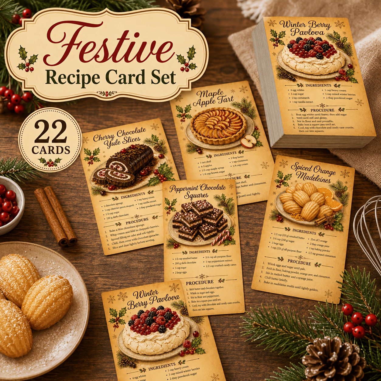 TEMU 22 Vintage Holiday Dessert Recipe Cards, 6 ร 9cm English Christmas Baking Collection With Cakes, , Tarts And Sweet Treat Recipes, Kitchen Gift