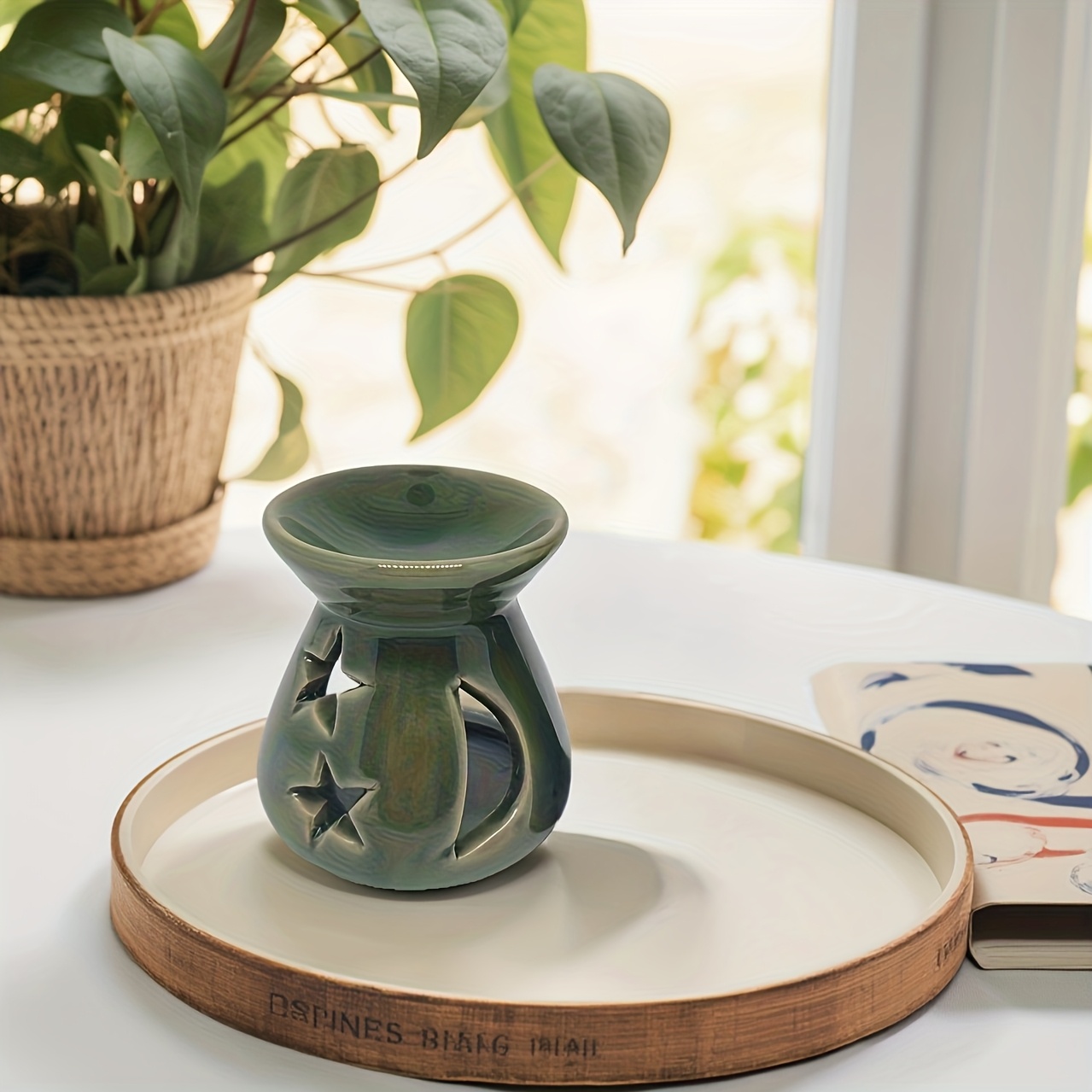 TEMU A Dark Green And Moon Romantic Ceramic Diffuser Essential Oil Burner, Home Decor Indoor Fragrance Ornament Essential Oil Burner, Holiday Gift
