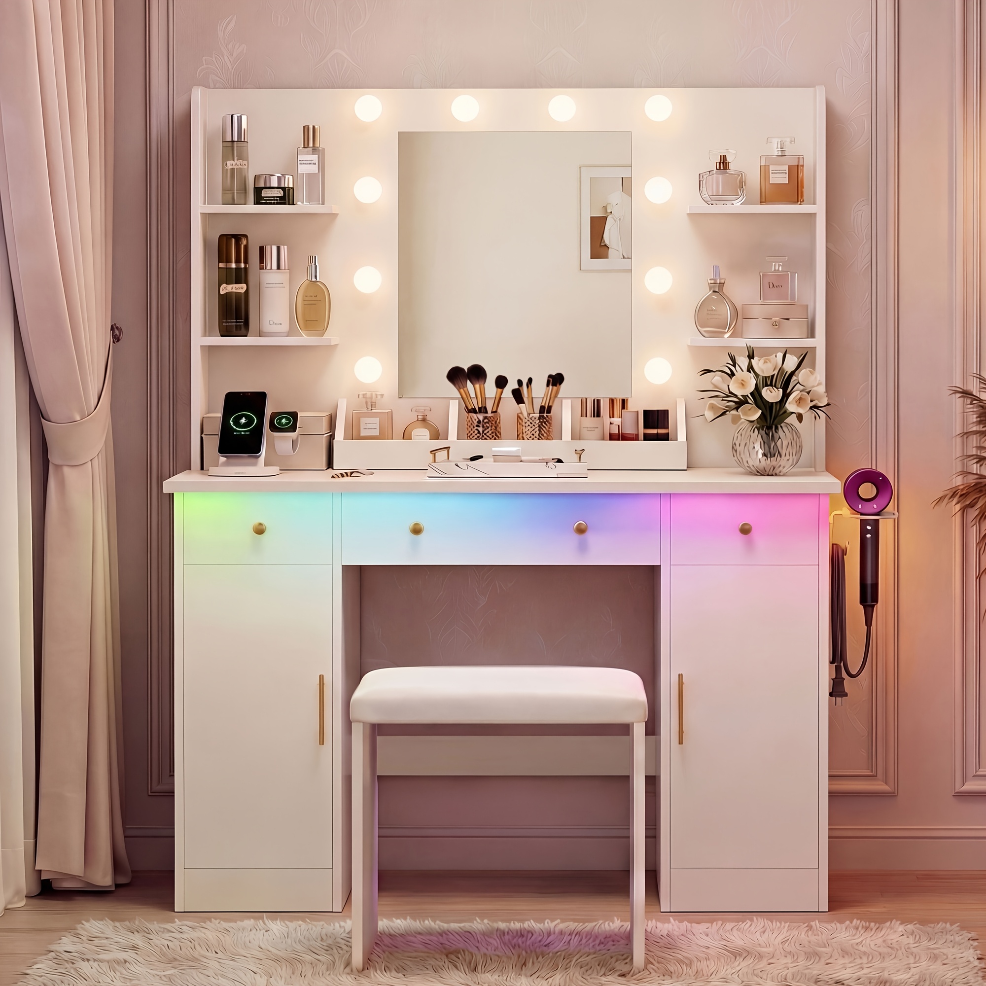 TEMU Ufuriture Dressing Table With Mirror And Lights | White Makeup Vanity Desk Set With 3 Drawers & 2 Cabinets, Rgb Ambient Light, Charging Station,