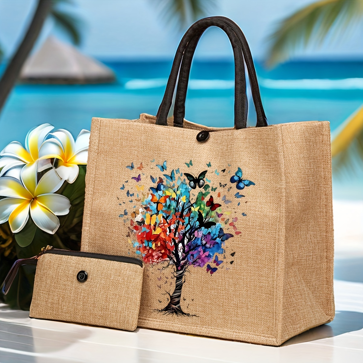 

2pcs Retro Linen Tote Bag Set, Fashionable Printed Shoulder Bag, Portable Travel Beach Bag And Shopping Bag