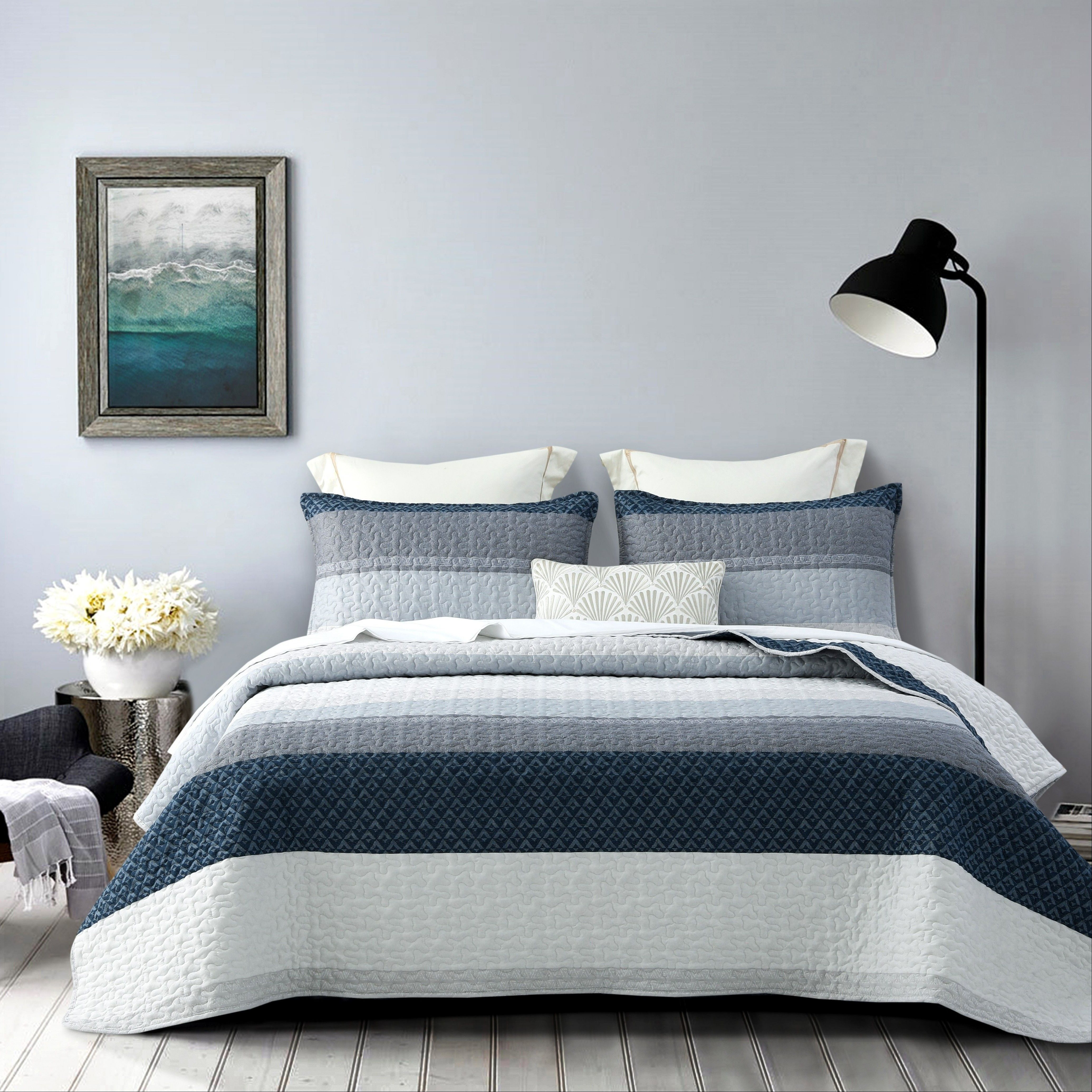 

Durlengen Striped Quilt Set 3pcs, Blue & Navy Striped Patchwork Pattern All Season Lightweight Coverlet Sets