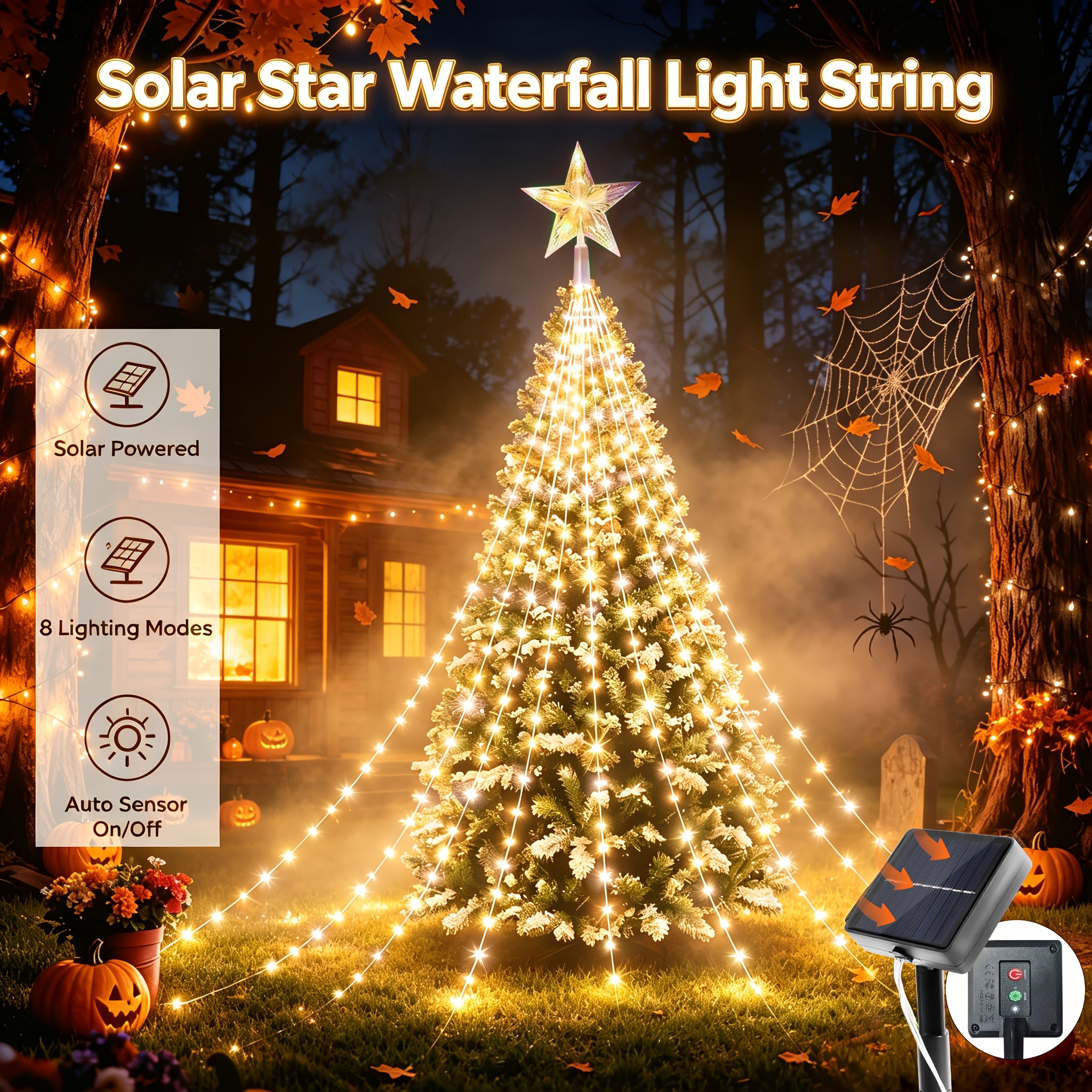 TEMU 1pc Solar Outdoor Waterfall String Lights, Halloween Yard Decor Background Lights. Solar Powered With Auto Light Sensor, 8 Lighting . Festive