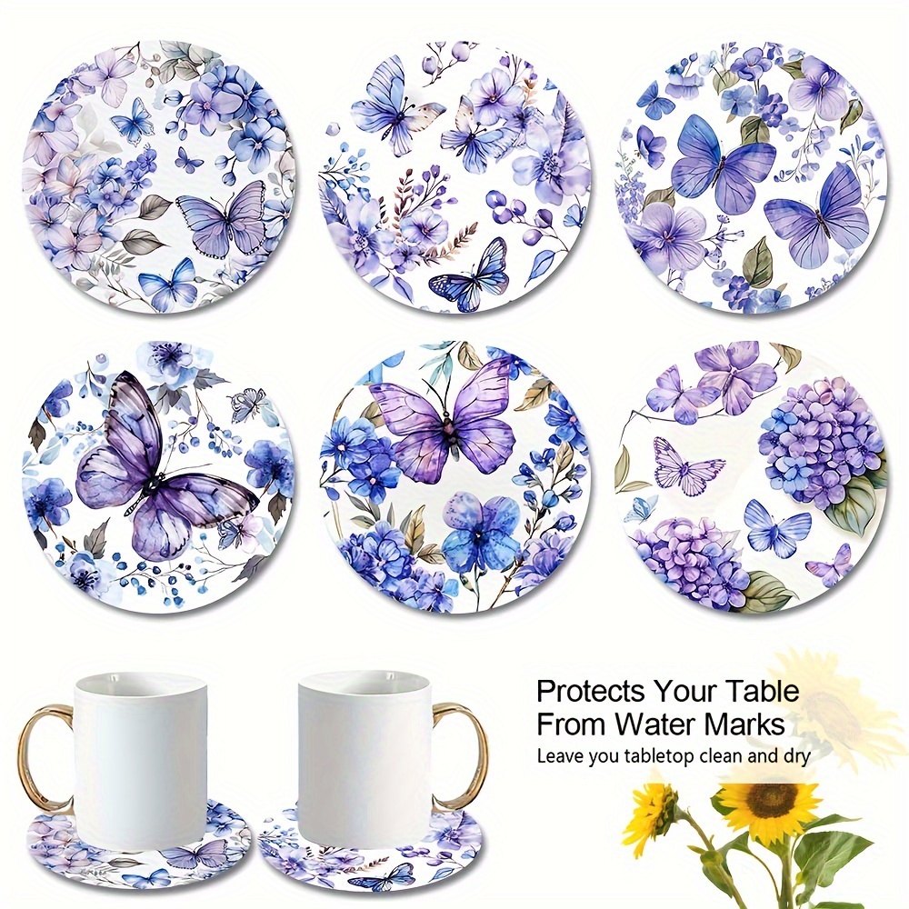 

6-piece Set Of Purple Butterfly Cork Coasters - Perfect For Home Decor And Protection Against Scratches