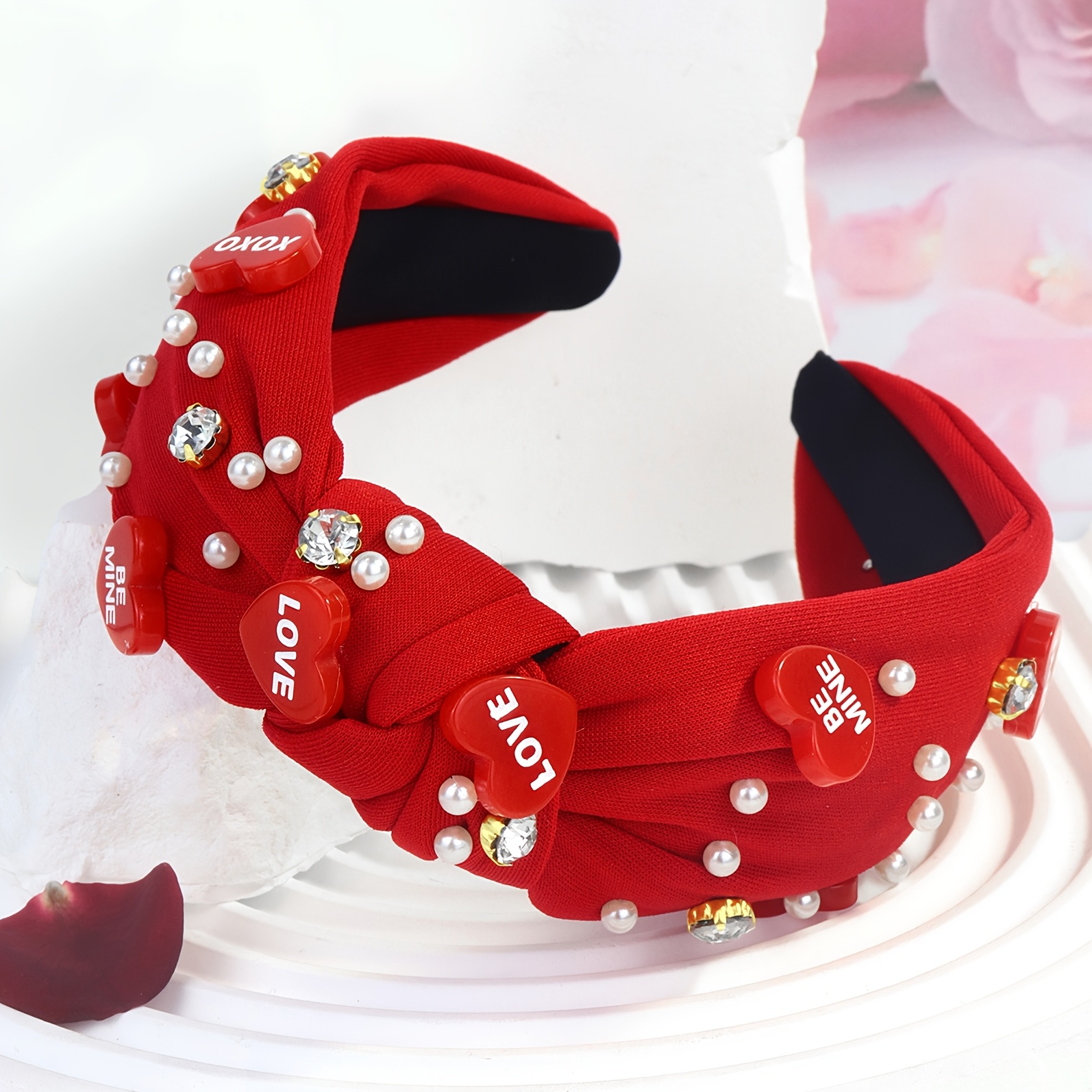 6 festive Red \'Love\', Boo, cheetah, tie-dye Headband with Pearls and Rhinestones Red Flower With Cheetah Print Accent Padded Headband - Etsy main image 4