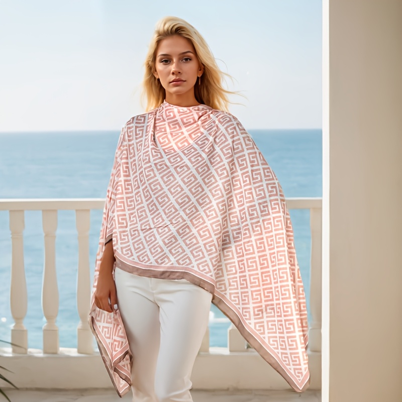 E-shop Pinkfarbenes, hochwertiges geometrisches Patchwork-Muster, übergroßer, langer, vielseitiger dekorativer, großer Schal, modischer Satin, dünner,