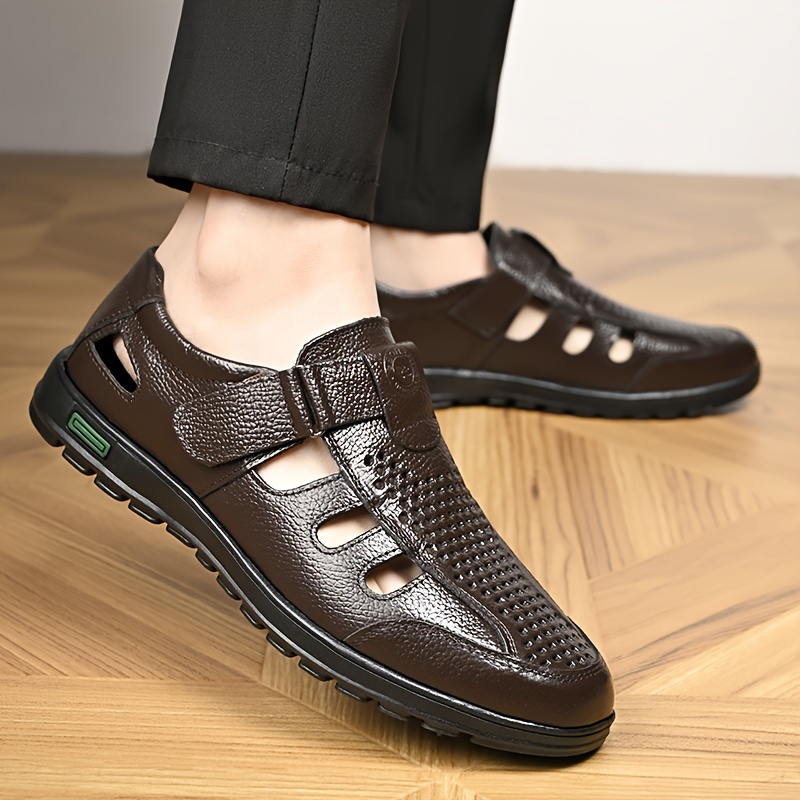 *'s Genuine Leather Sandals Full-Grain Cowhide Upper, Adjustable  Hook-and-Loop Strap, Black Round-Toe Breathable Summer Shoes with Cushioned  PU