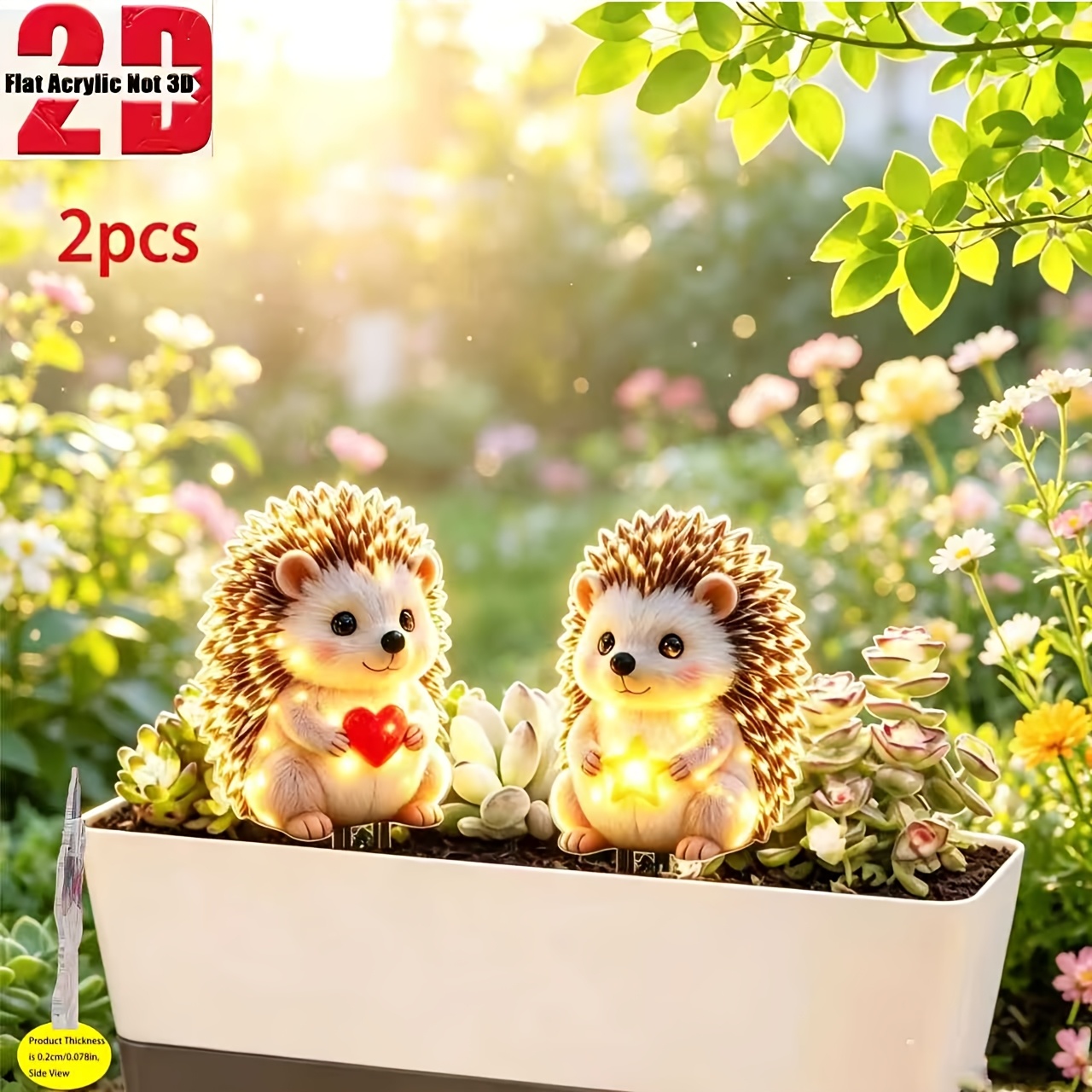 TEMU 2D Flach, [2D Flach] 2 Stk. niedliche Igel-Gartenstecker mit leuchtenden Lichtern & Stacheln - warmes Leuchten für den Außenbereich/Dekoration,