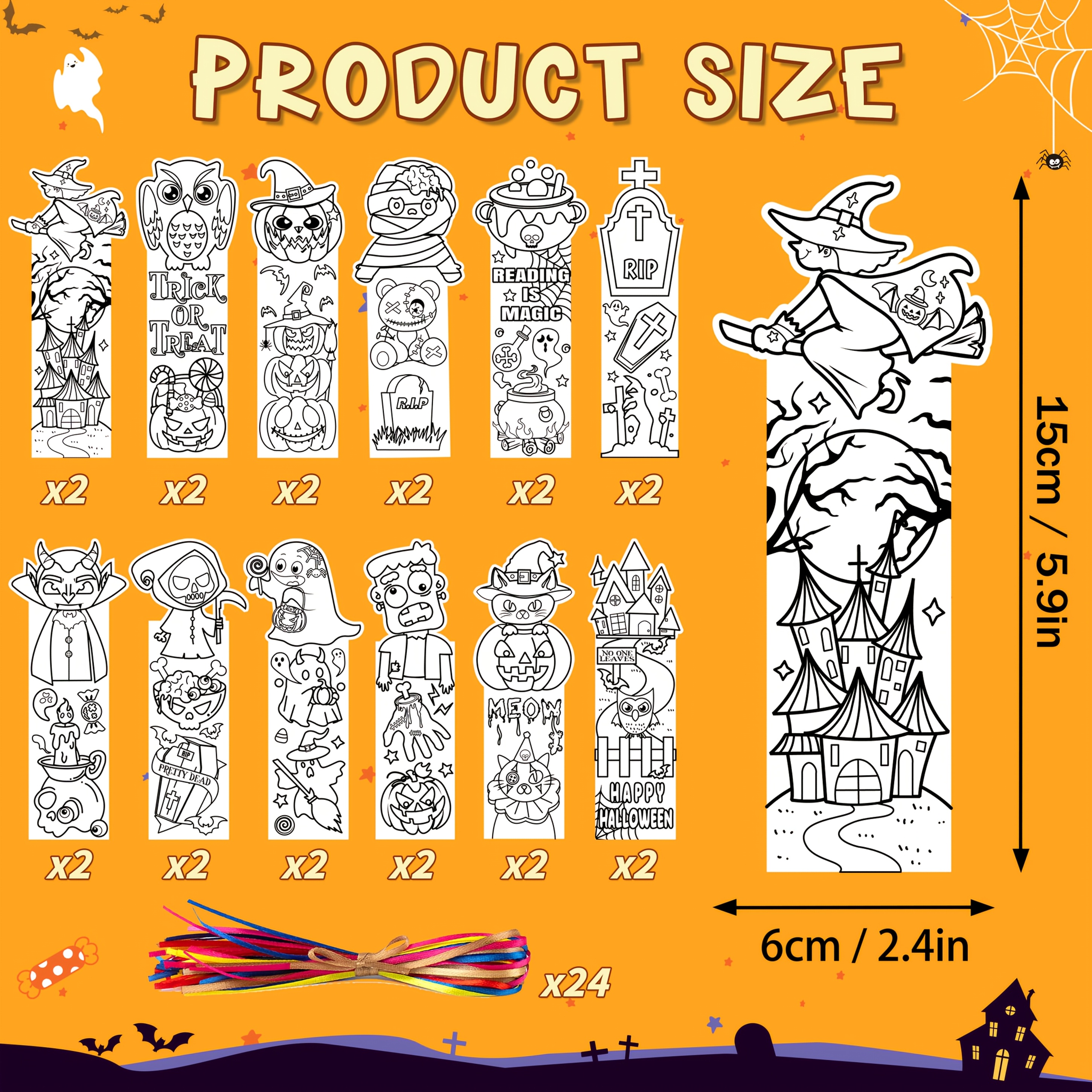 Image of 24/48pcs Halloween Bookmarks Color Your Own Bookmarks, 12 Styles Design Diy Coloring Blank Bookmarks For Adult, Pumpkin Halloween Bookmark For Halloween Party Prize Gift