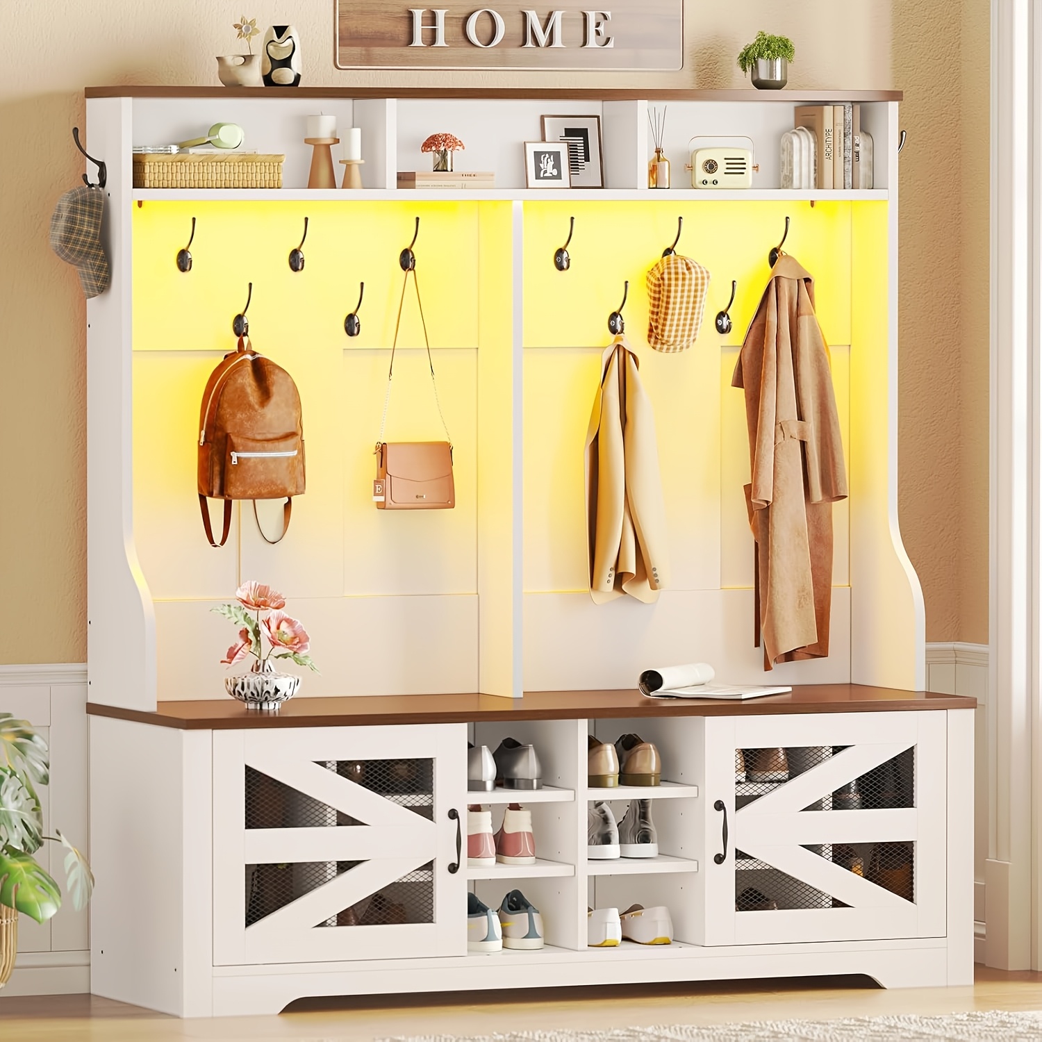 5-in-1 Multifunctional Farmhouse Coat Rack - Shoe Bench & LED Art