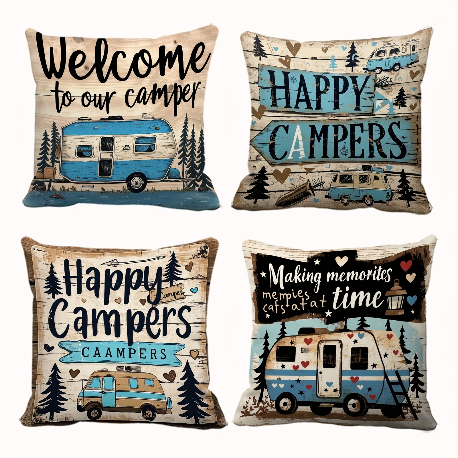 E-shop 4er-Set Kissenbezüge, Vintage-Ländlerstil, Camping-Thema, Wohnmobil, Kiefern und andere dekorative Muster, quadratische Kissenbezüge,