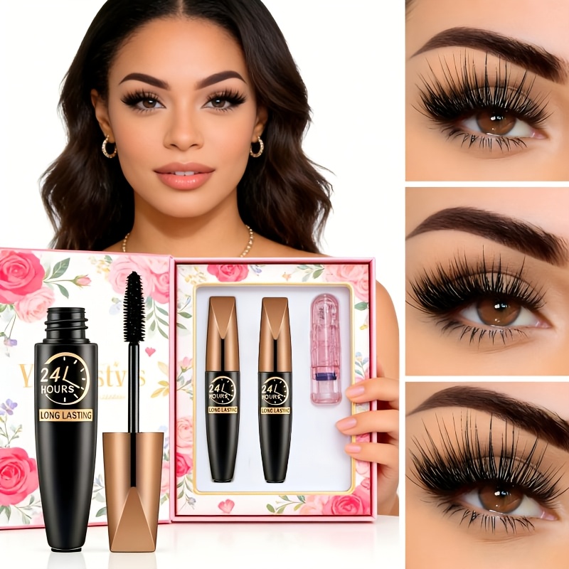 2pcs Waterproof Black Fiber Mascara with Eyelash Curler, Long-Wearing, Volumizing, No Clump, Smooth Application