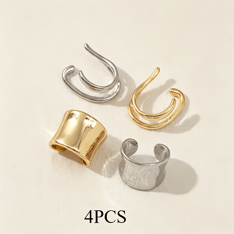 TEMU 4pcs Minimalist Curved Wide-face Ear Cuff Set, No Piercing Required, Versatile Layering Accessories For Commuting, Mature , Niche And High-end