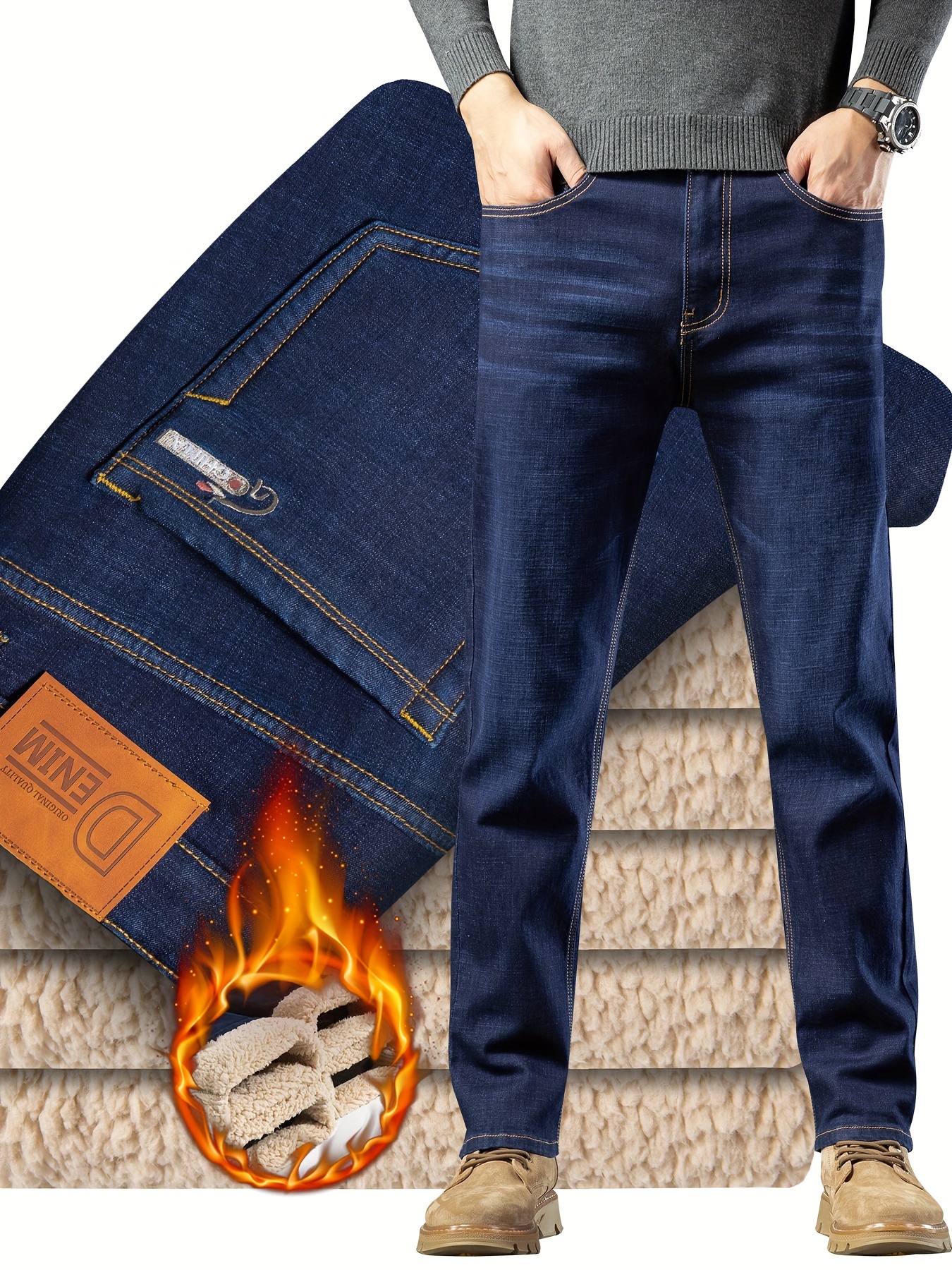 *'s Winter Business Casual Fleece-Lined Straight Leg Jeans Cotton Blend  with Stretch Waist Zipper Fly, Solid Color Washed Denim, Loose Pants