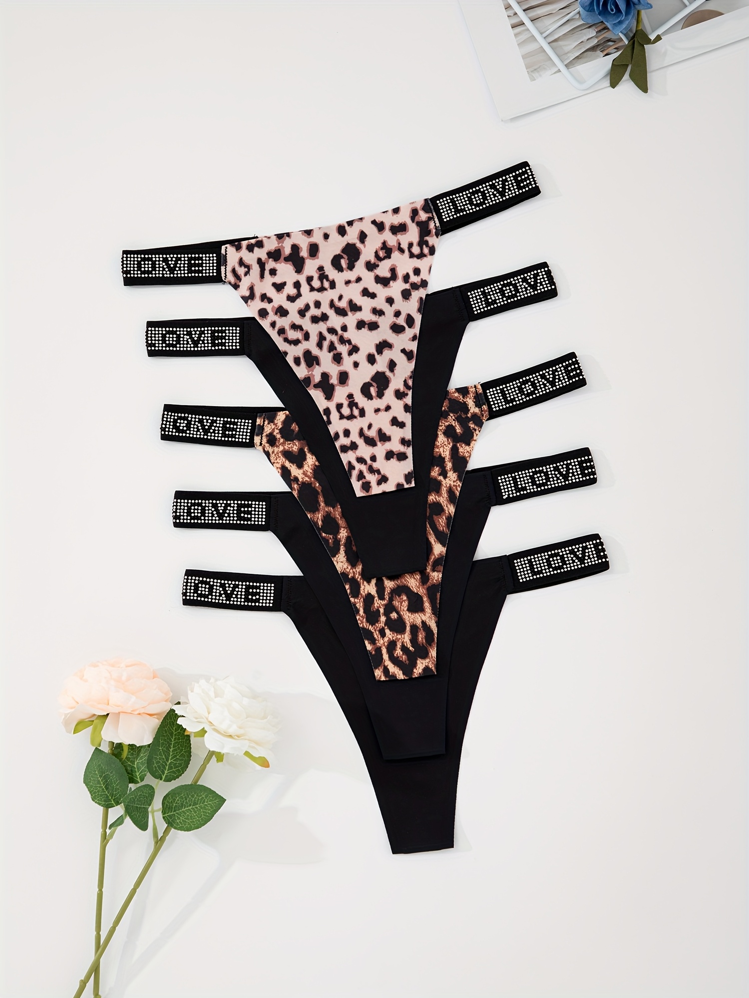 5pcs Women'S Sexy Thong Underwear - Soft, Breathable, Quick-Dry Solid Color Leopard Print & Black V-Neck Design, Comfortable Drop Waist Panties for Casual Attire, Quickdry Underwear | Sexy Thong Design | Comfortable Fit