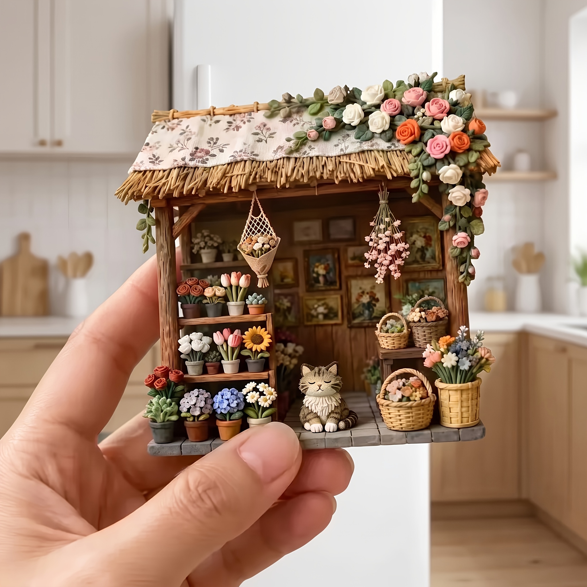 TEMU Pince à linge 3D en résine avec de fleurs et chat, décoration de réfrigérateur de cuisine, ornement créatif , commémoratif