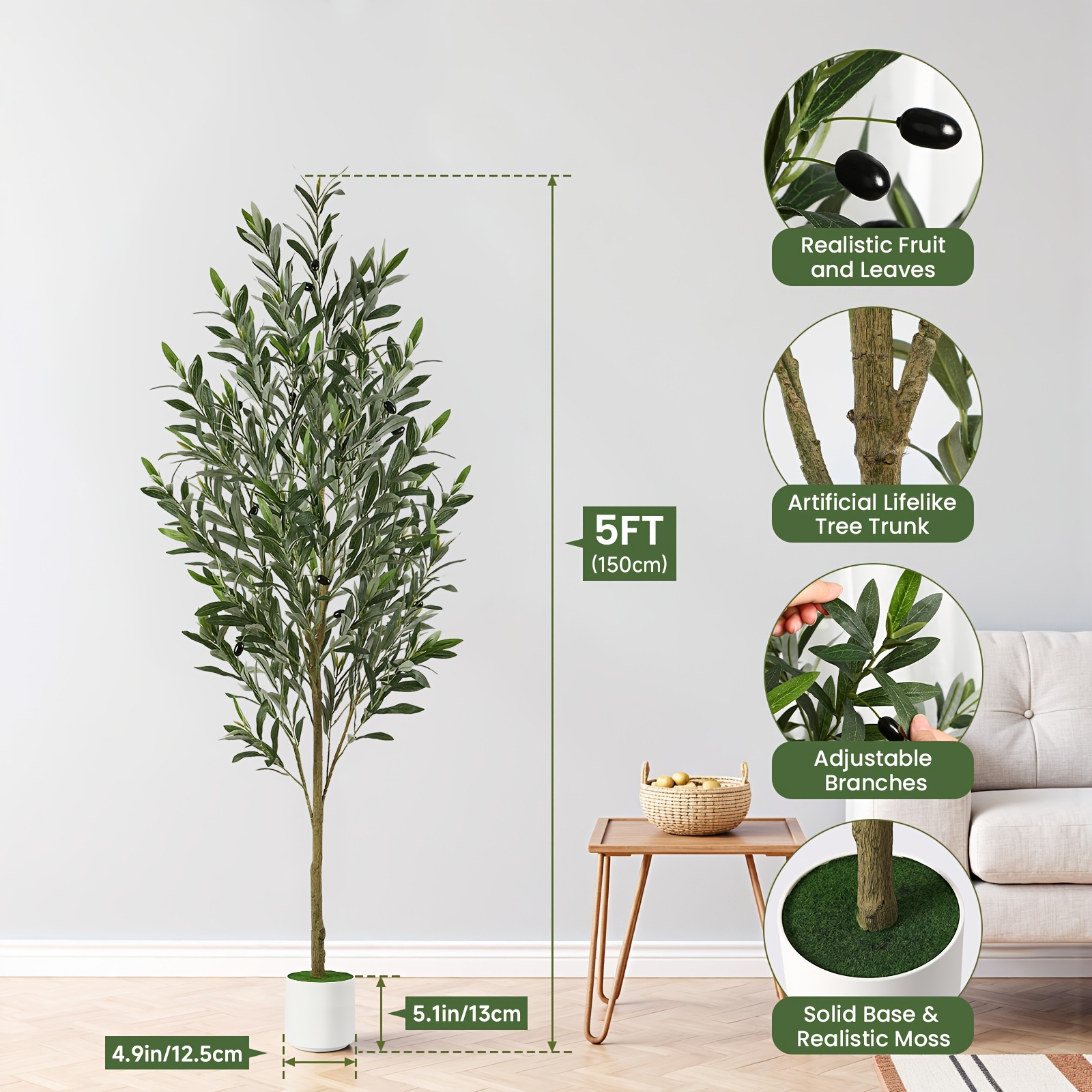 Image of 1.5/1.8/2.1m Artificial Olive Tree Silk Plant, Indoor Fake Olive Tree With Natural Wood Trunk & Lifelike Fruits, Perfect For Modern Home Office Living Room Floor Decor, 5/6/7 Ft