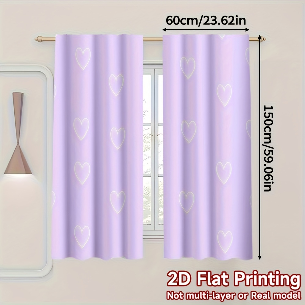 TEMU 2pcs, Curtains Of , Lilac Heart Curtains, Polyester, Perfect For Living Room, Kitchen, Bedroom, Study, Bathroom, Dining Room Decoration - , (rod