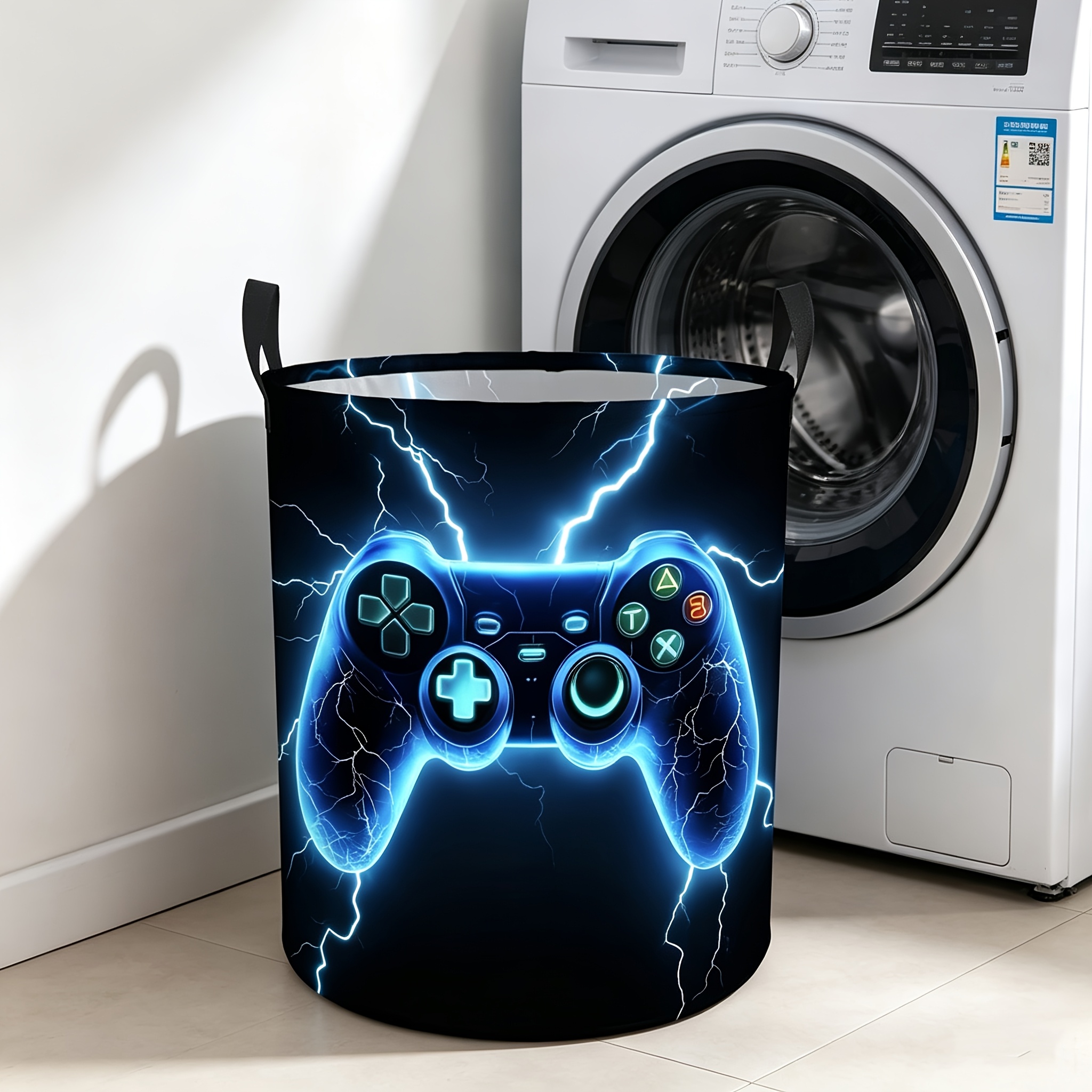 TEMU 1pc Lightning Game Controller Foldable Laundry Basket - Round Storage Bin Suitable For Bathroom, Bedroom & Wardrobe, Space-saving Hamper With
