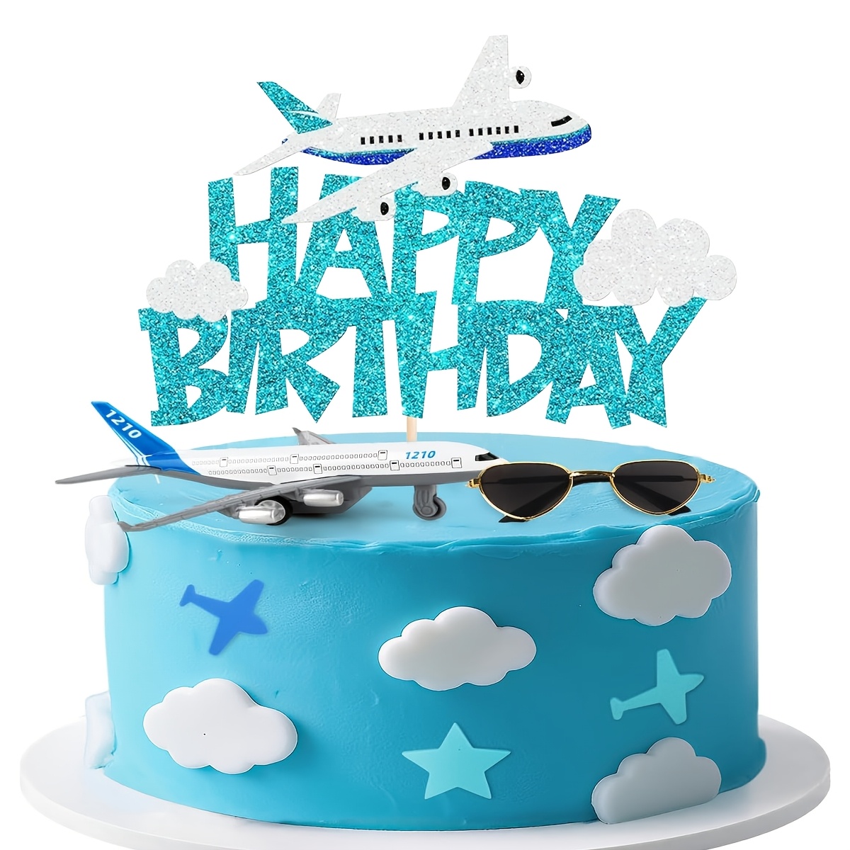 TEMU 1 pièce Décoration de gâteau d'anniversaire avion, -gâteau avion bleu " Anniversaire", pour thème voyage , , anniversaire, baby shower, garçons,