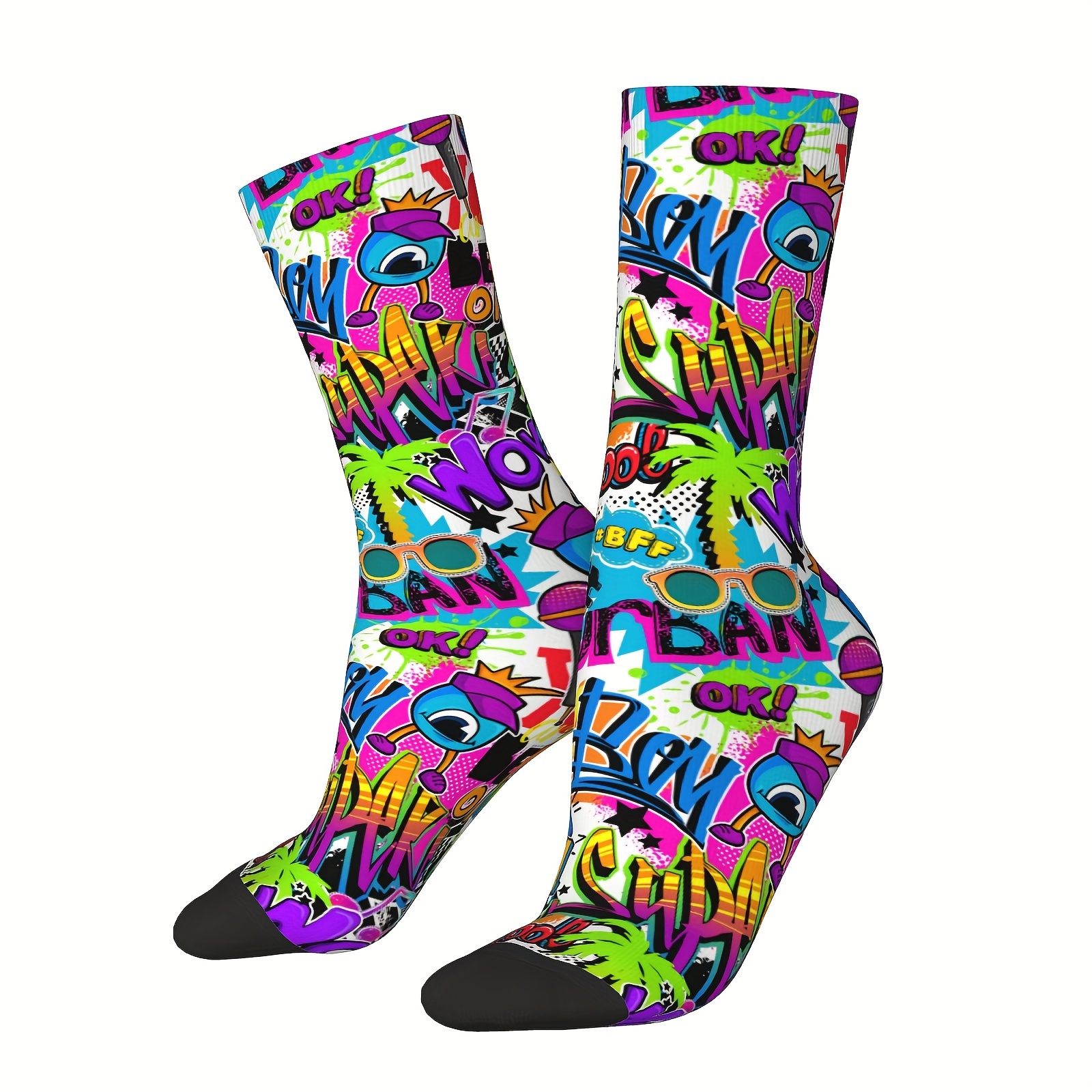 

1 Pair Of Unisex Vintage Style Novelty Graffiti Pattern Crew Socks, Trendy 3d Digital Printed Men Women Socks, Crazy Funny Socks For Gifts