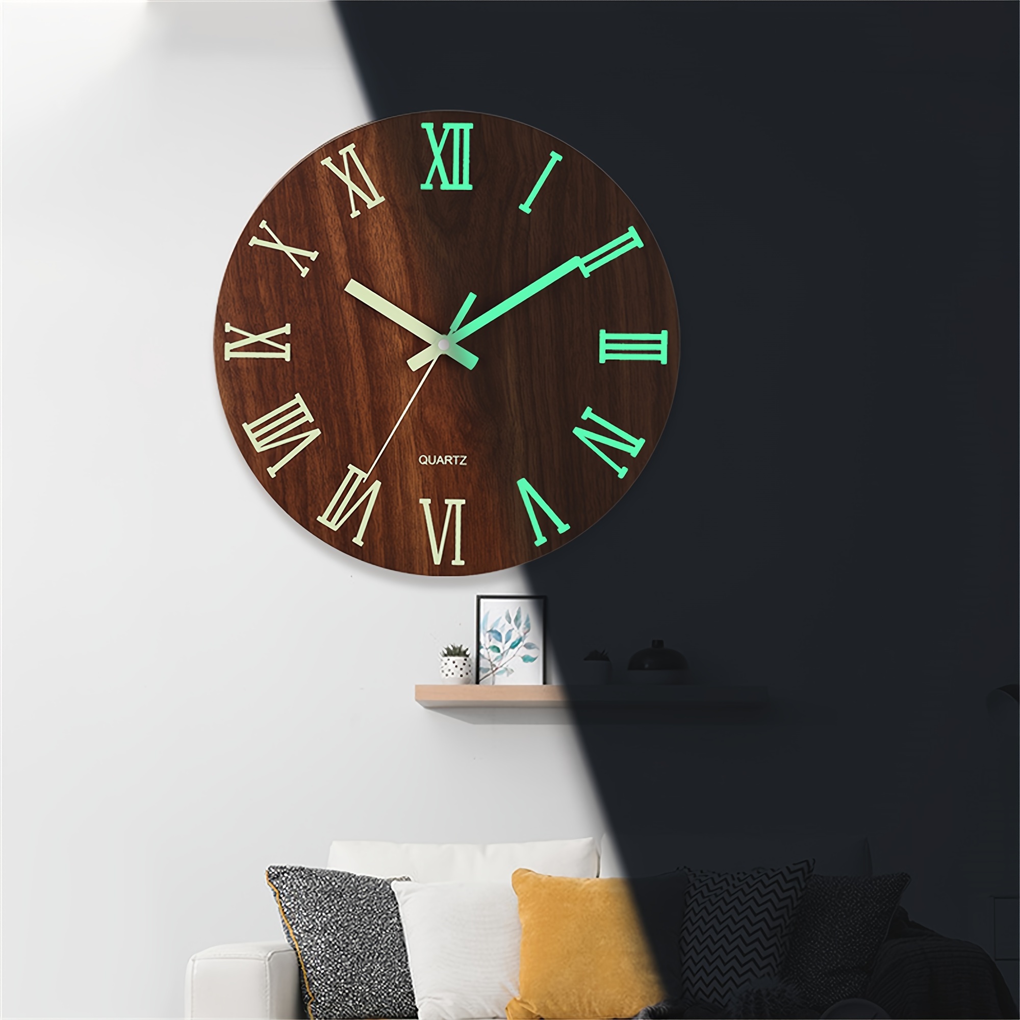 1pc walnut wooden wall clock with luminous hands and numbers round silent quartz movement fantasy theme battery operated aa not included decorative clock for living room bedroom kitchen office ideal birthday gift details 5