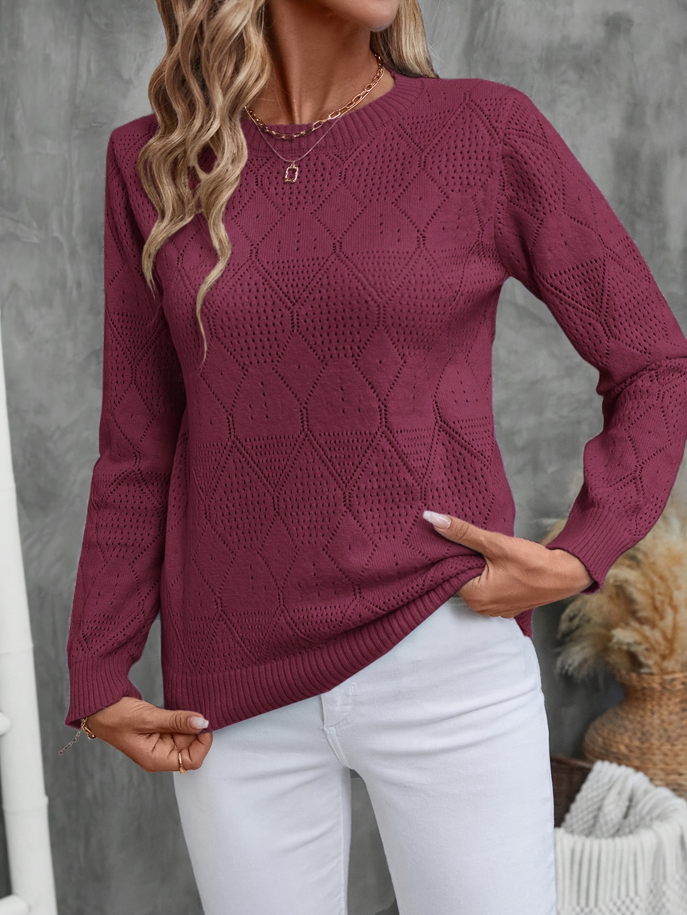 european round neck hollow loose top solid