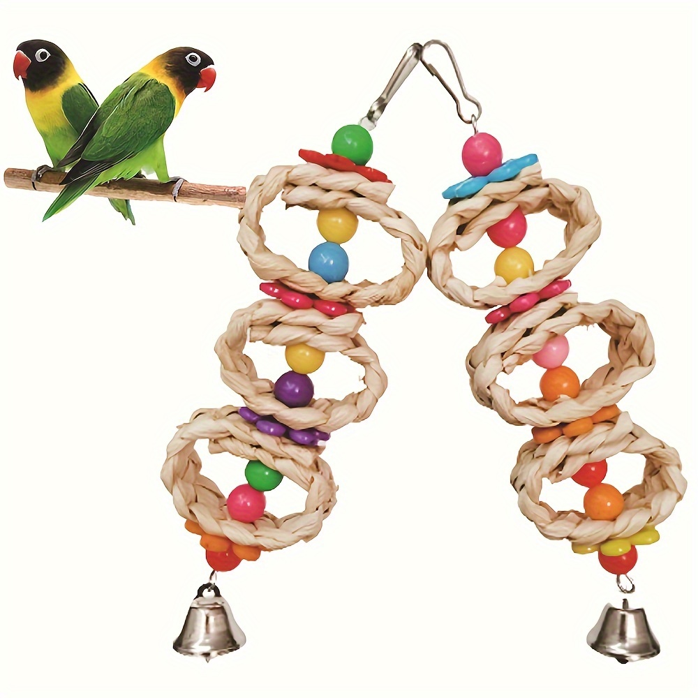 

Vibrant, Beaded Bell Parrot Chew Toy - Corn Leaf Woven Bird Cage Hanger For Health & Entertainment