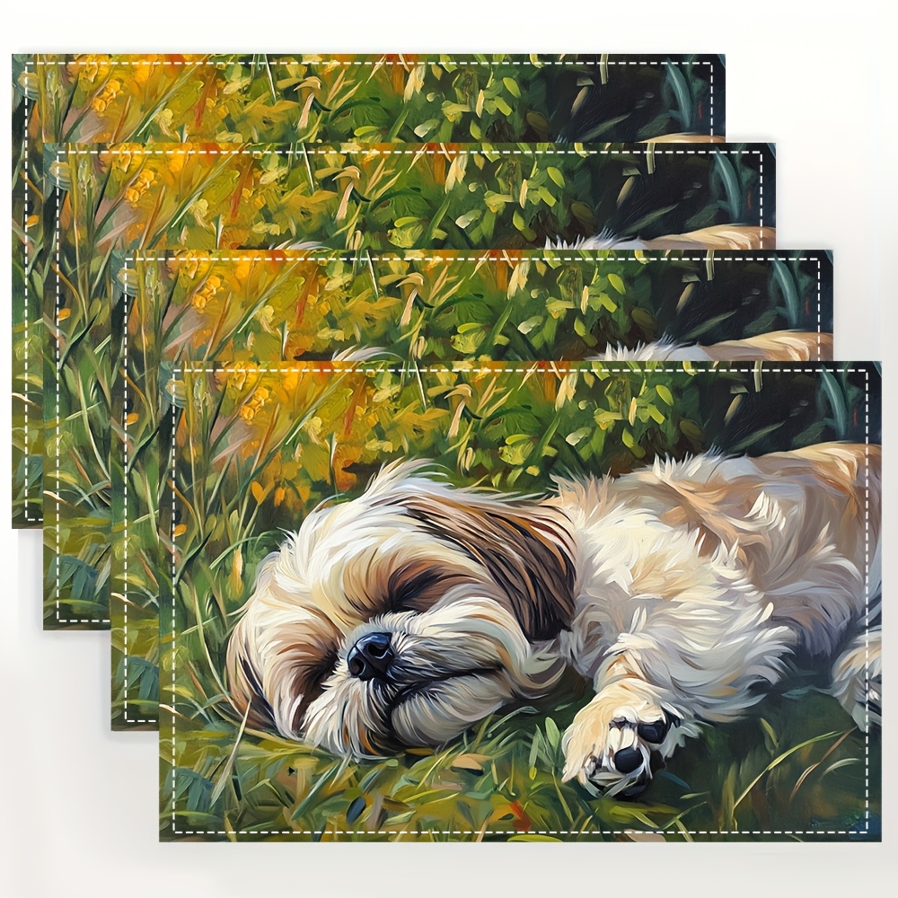 TEMU 4pcs Shih Tzu Essence Sets de Table, 100% Lin Tissé Rectangle Sets de Table, 12x18 Inch, Lavage à , avec pour Dîner, Cuisine, Fête, Décoration