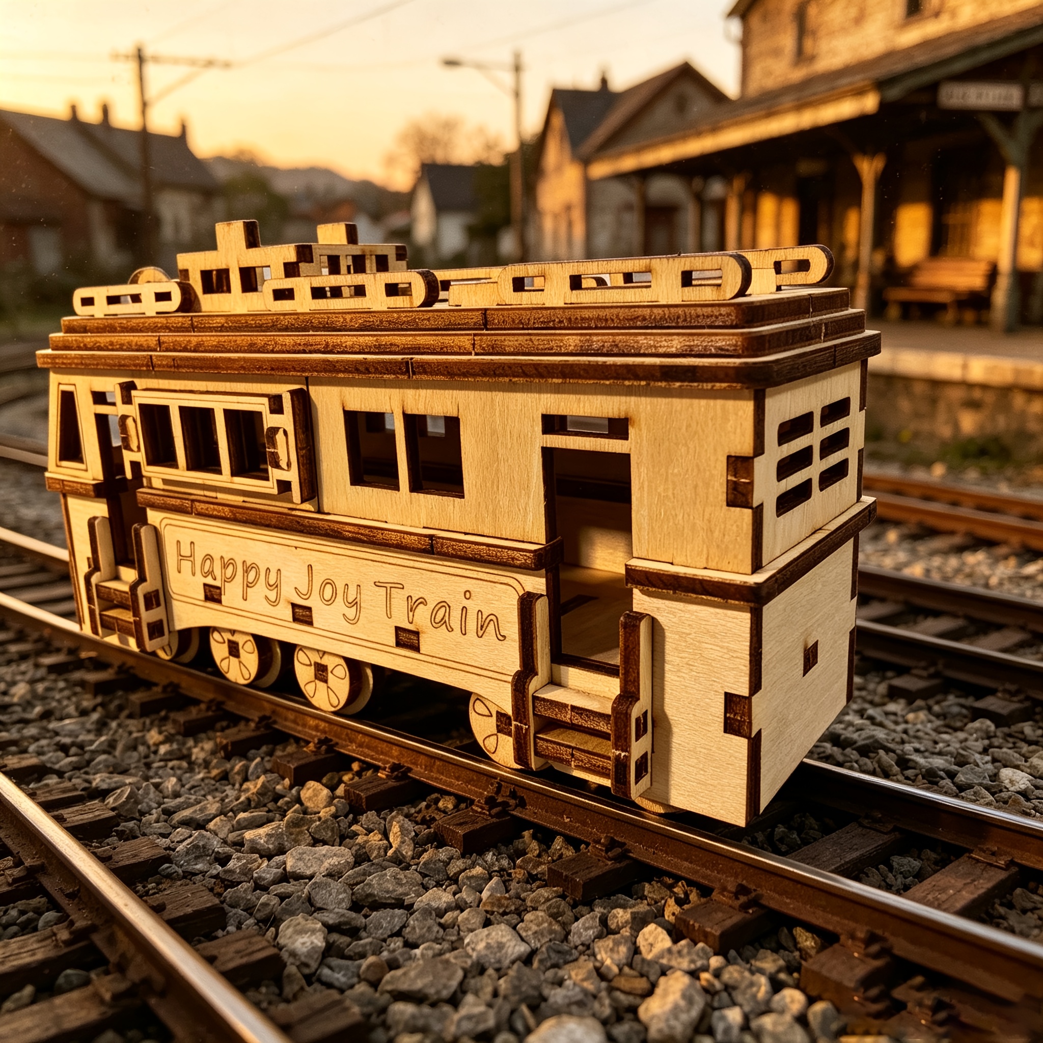 Wooden Tram Craft Ornament, 3D Puzzle Model