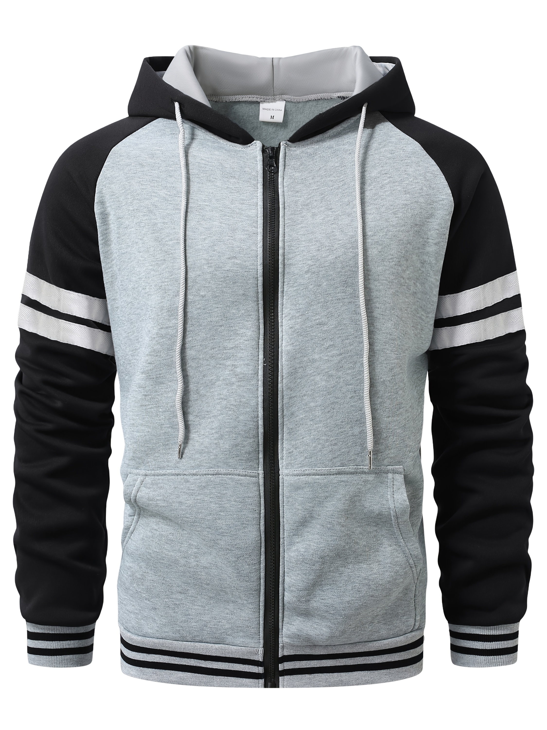 스타일리시 남성용 캐주얼 지퍼업 후드 -   소매가 있는 컬러 블록 디자인, 폴리에스터 니트, 긴 소매, 봄 & 가을용 세탁기 사용 가능, 가을 재킷 | 후드 스웨트셔츠 | 리브드 커프스, 스웨터 후디