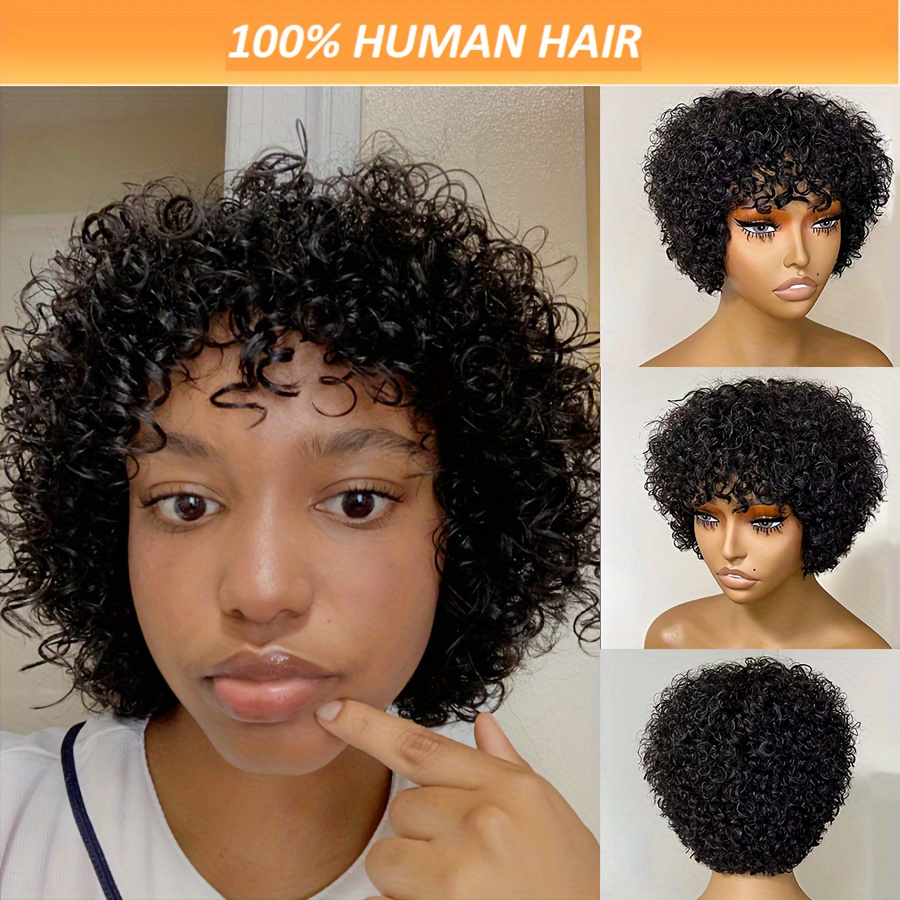 

Cut Wig For Women, 180% Density Brazilian , Afro Wigs With Bangs, 6inch Glueless Non Lace Cap, , , Versatile Short Curly Bob, Suitable For All Users