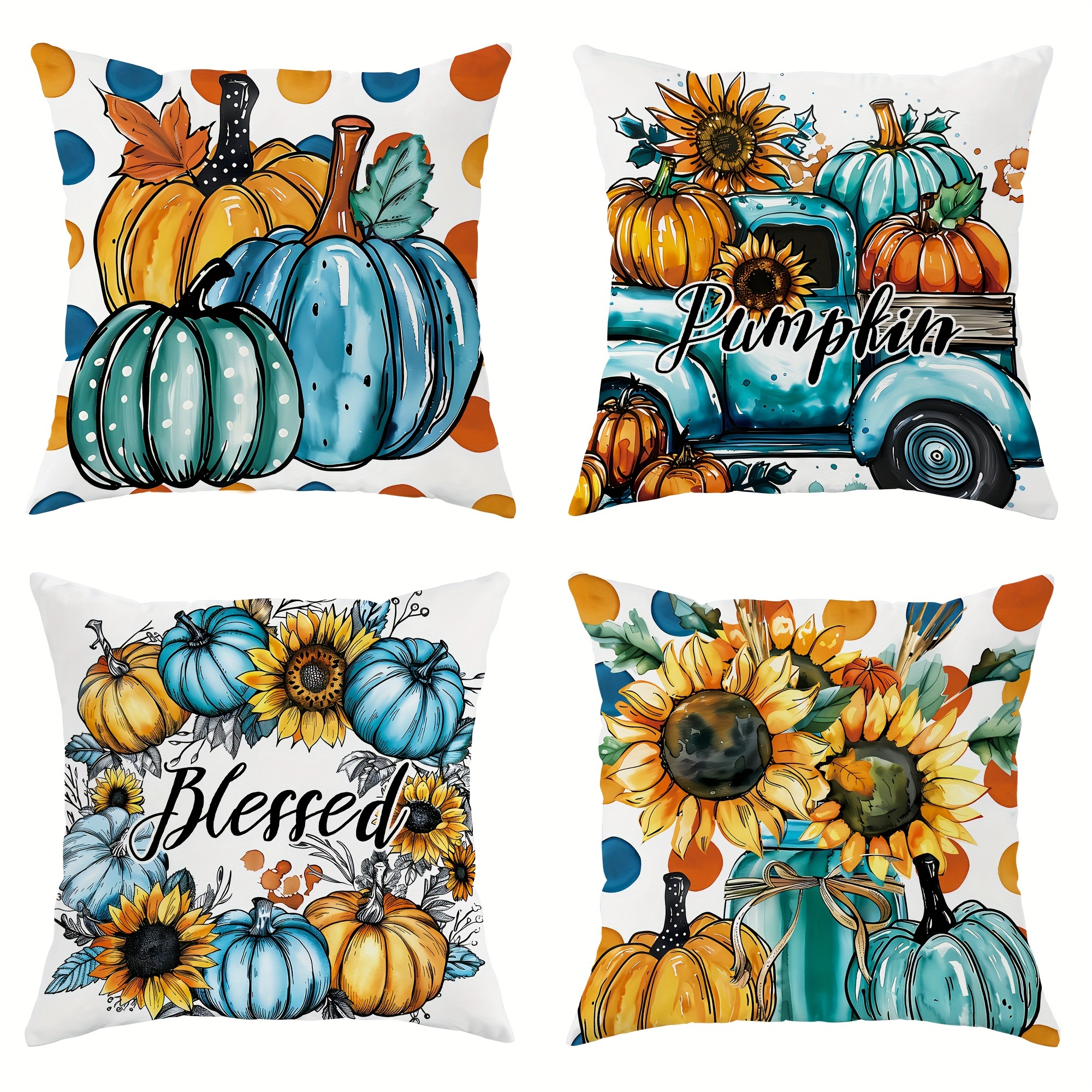 

4 Pack Country-rustic Fall Throw Pillow Covers, 18x18 Inch, Polyester, Machine Washable, Zipper Closure, Farmhouse Pumpkin Truck Sunflower Design For Living Room Sofa Bed Decor