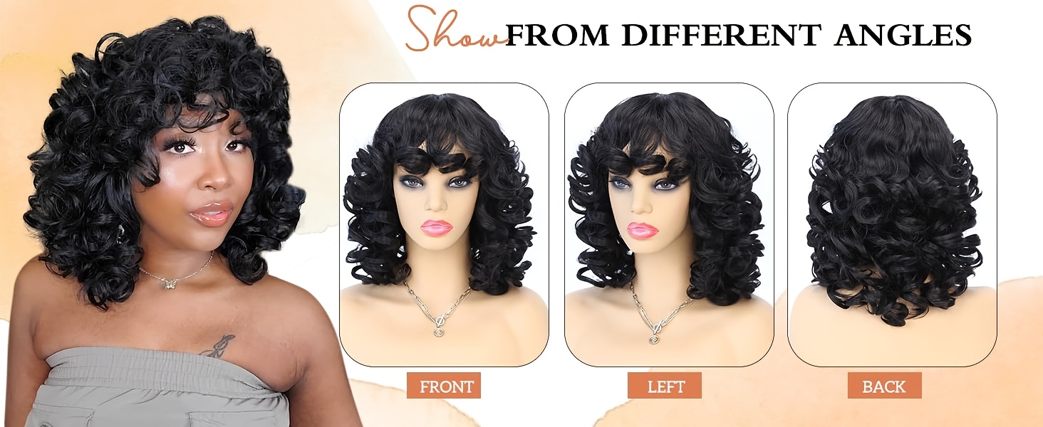 短卷发假发带刘海大卷发假发有弹性蓬松合成非洲卷发耐热假发角色扮演派对全假发女式 商品详情 2