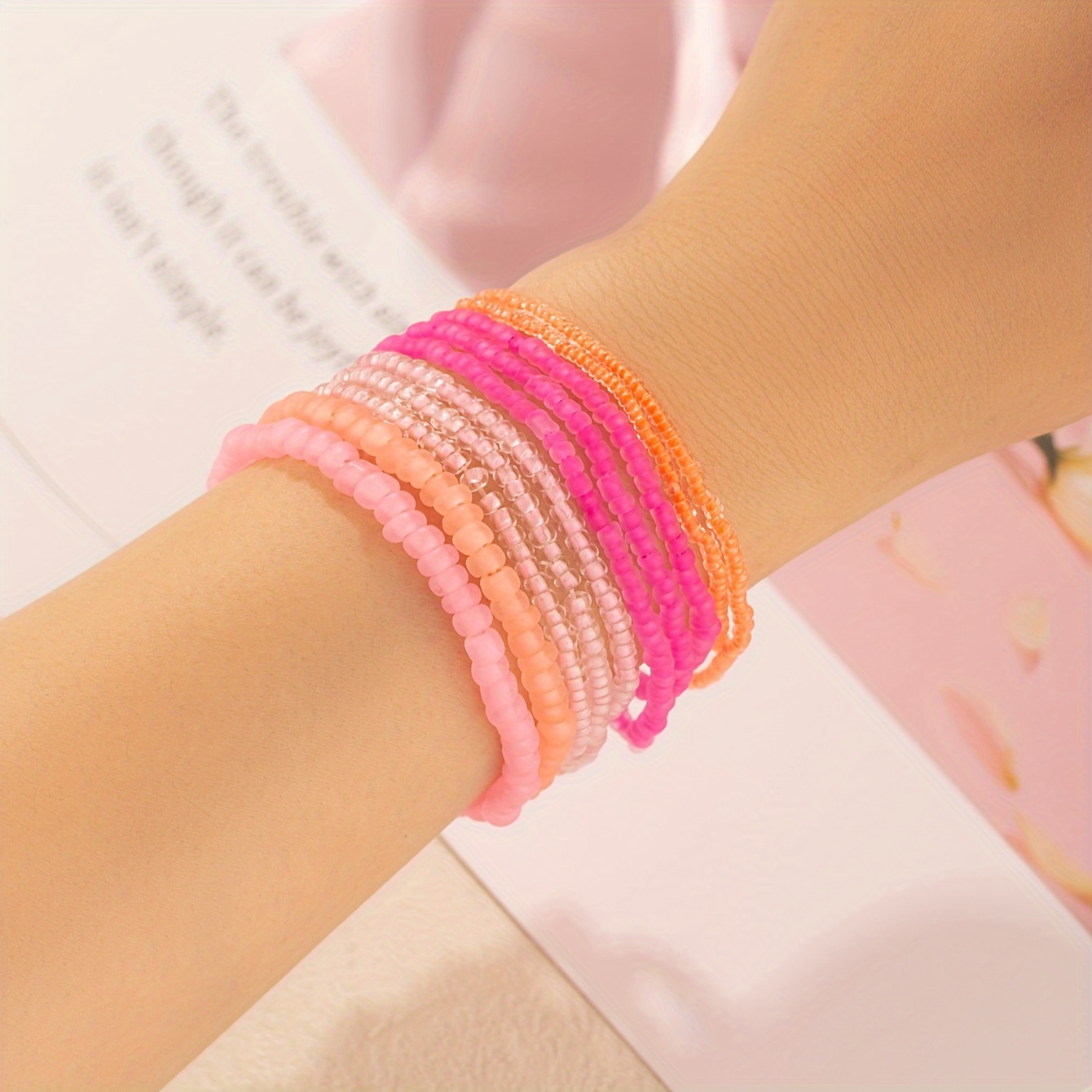 

10pcs Bohemian Style Glass Bead Bracelet Set - Vibrant Pink & Orange, Cute/ , Vacation & Party Wear, Accessory, Cute Bracelets