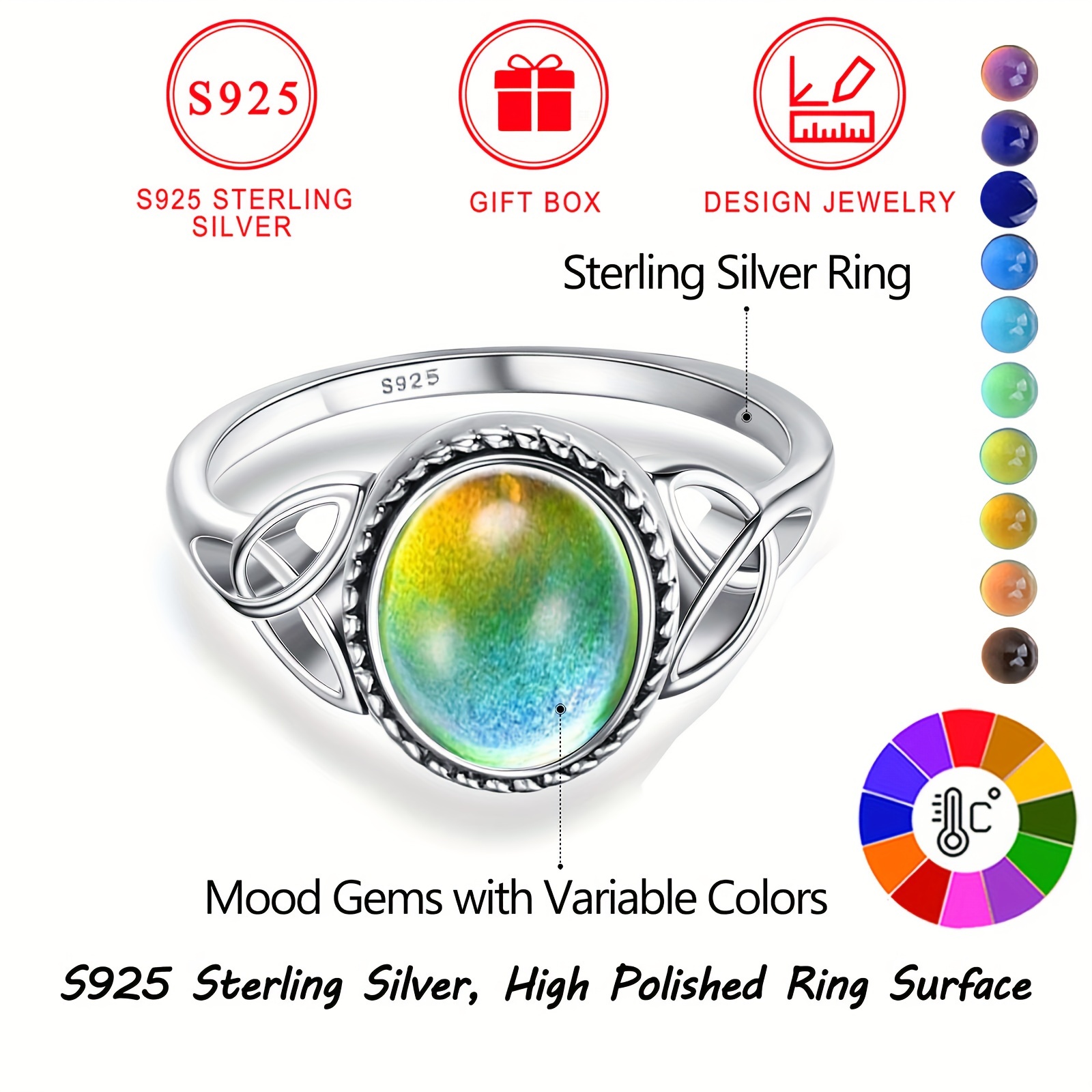 Vintage Oval Mood Ring with Celtic Knot - S925 Silver
