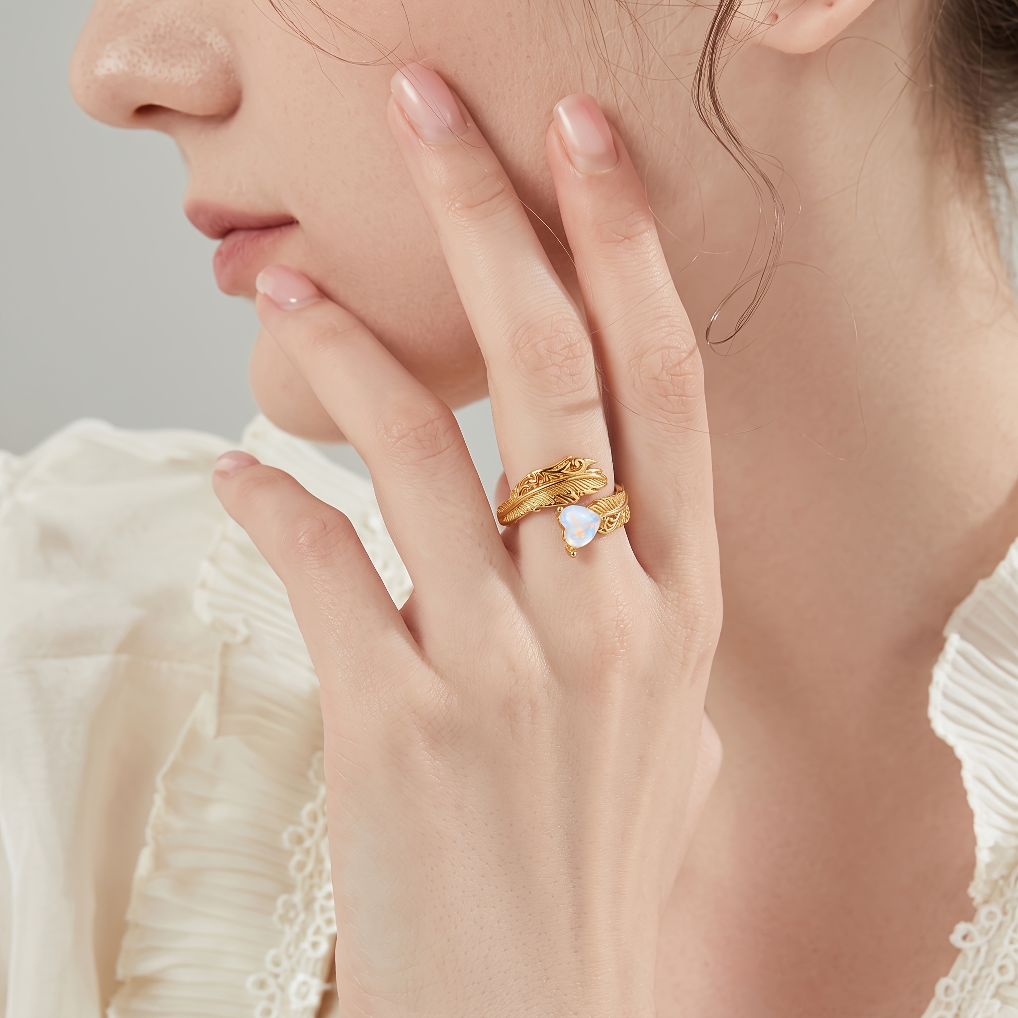 Vintage Feather Open Adjustable Heart Moonstone Ring