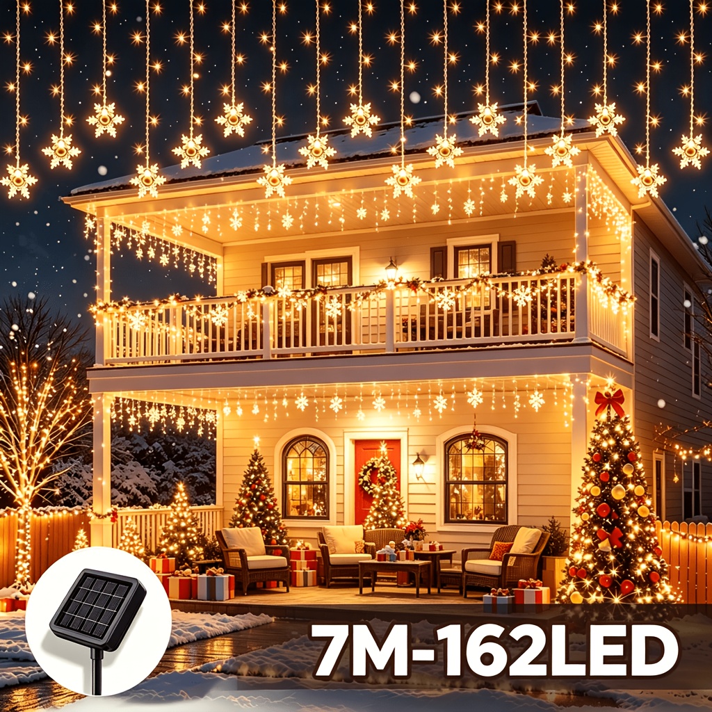 TEMU Guirlandes Lumineuses Solaires Noël de Neige Bâton de Glace, 96/162 LED avec 8 d'Éclairage Réglables, Auto-Charge Solaire Câble, Design Bâton de