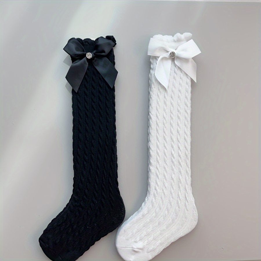 Image of 2-pair Rhinestone Decorated Girls' Socks, Mid-calf To Knee-high Socks, Ankle Socks, In Black, White, Versatile Student Socks With Bow Accessories, Sweet And Cute,fall And Winter Clothes