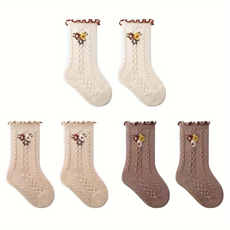 Image of 3-pair Baby Girl's Lace Ruffle-trimmed Mid-calf Socks, Infant Cuff Non-restrictive Children's Socks