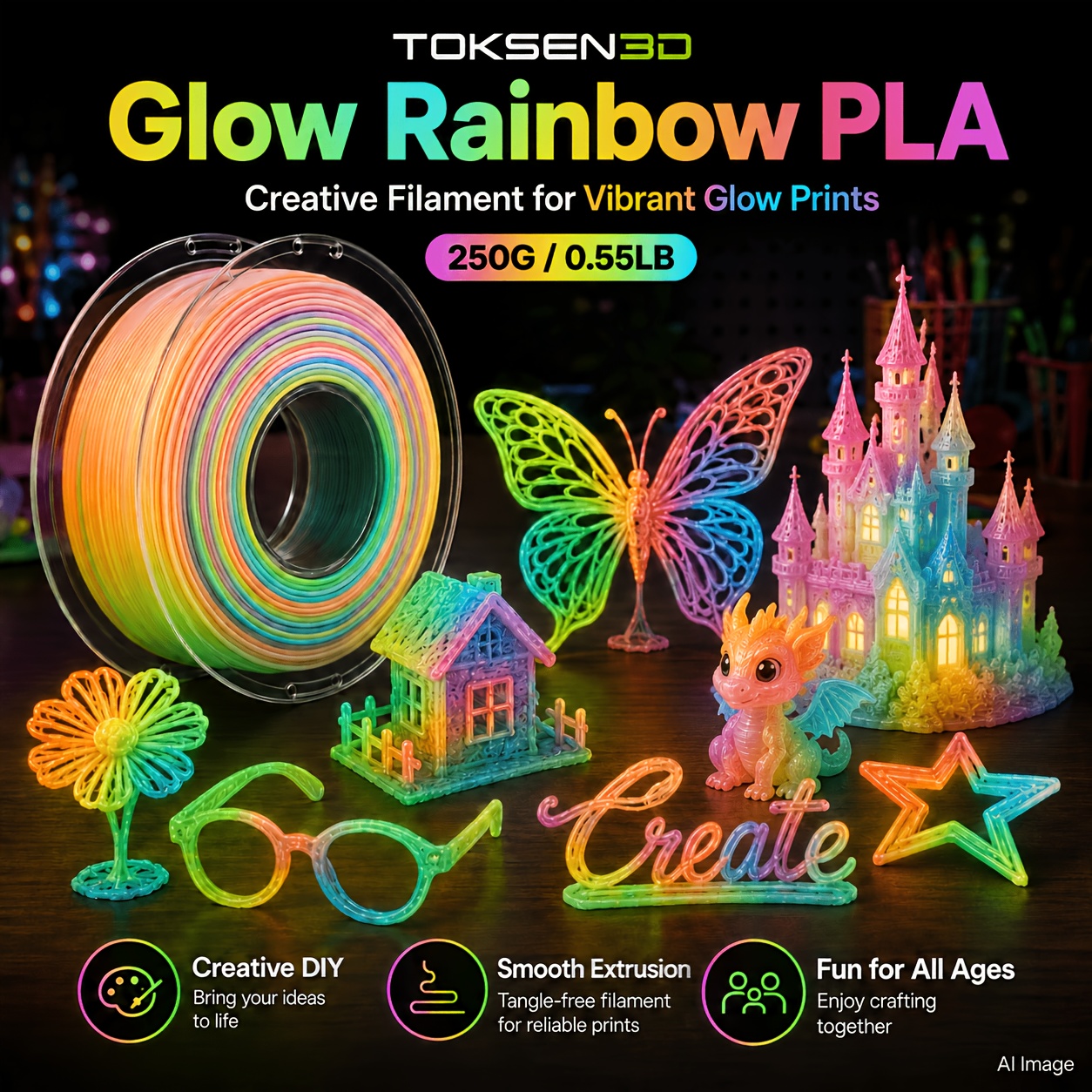 TEMU In The Dark 1.75mm Gradient Pla Filament With , Bright Luminous Rainbow 3d Printer Filament, 0.25kg (0.55lbs) Plastic Spool 3d Printing Pla