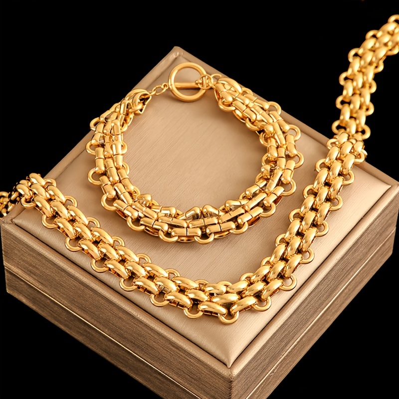 E-shop 2er-Set kubanische Edelstahlkette, Statement-Halskette und Armband für Damen, neuer Punk-Stil, 18K vergoldenet, wasserdichtes Schmuckset