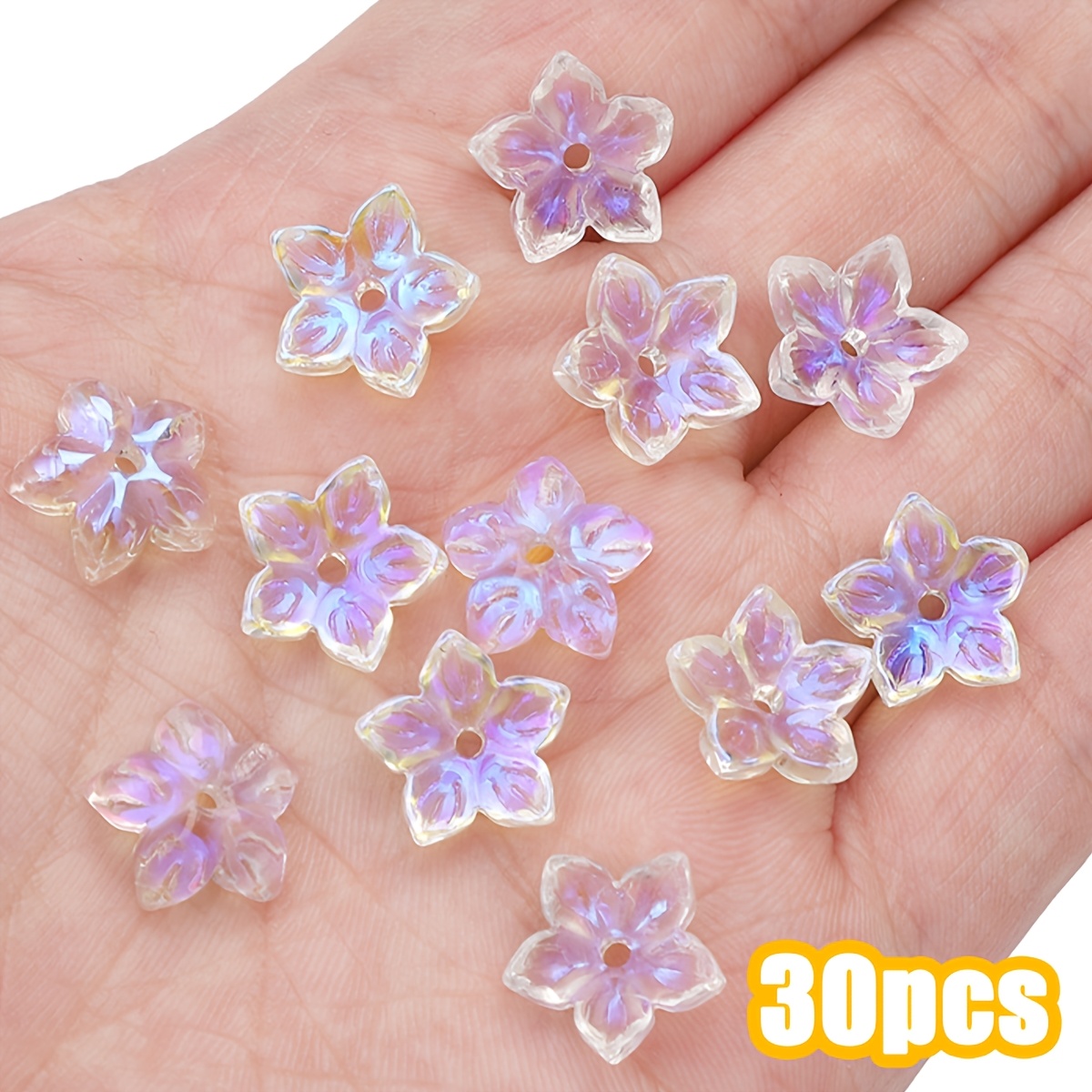 TEMU 30pcs 13x12mm Glass 3 Five-petal Flower Beads With Central Hole - Colored Starfish & Peach Petal Beading Supplies Suitable For Handmade,