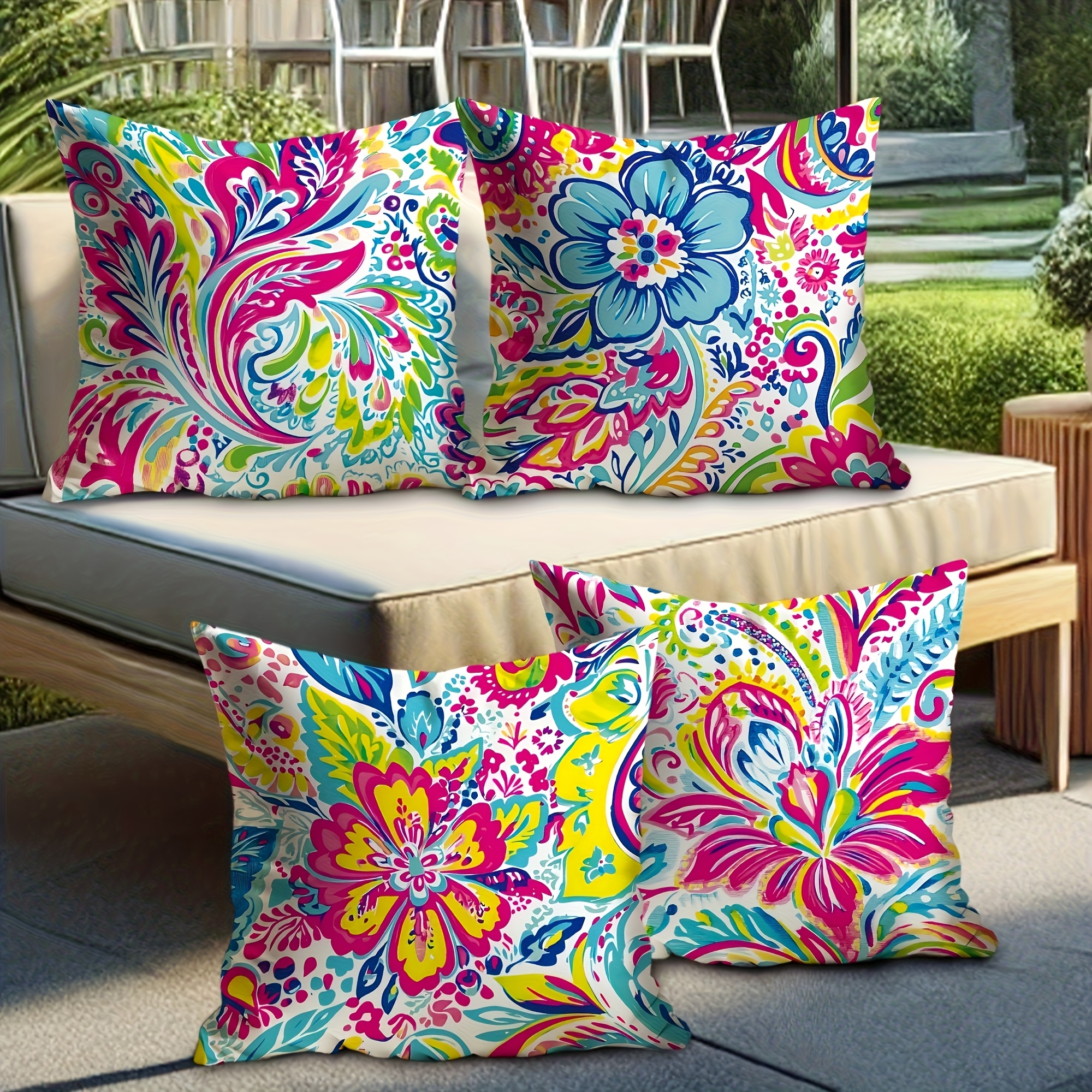 TEMU Set Of 4 Tropical Style Outdoor Throw Pillow Covers Featuring Parsley Floral , Single-sided Fabric, Machine Washable, Zipper Closure, 100%