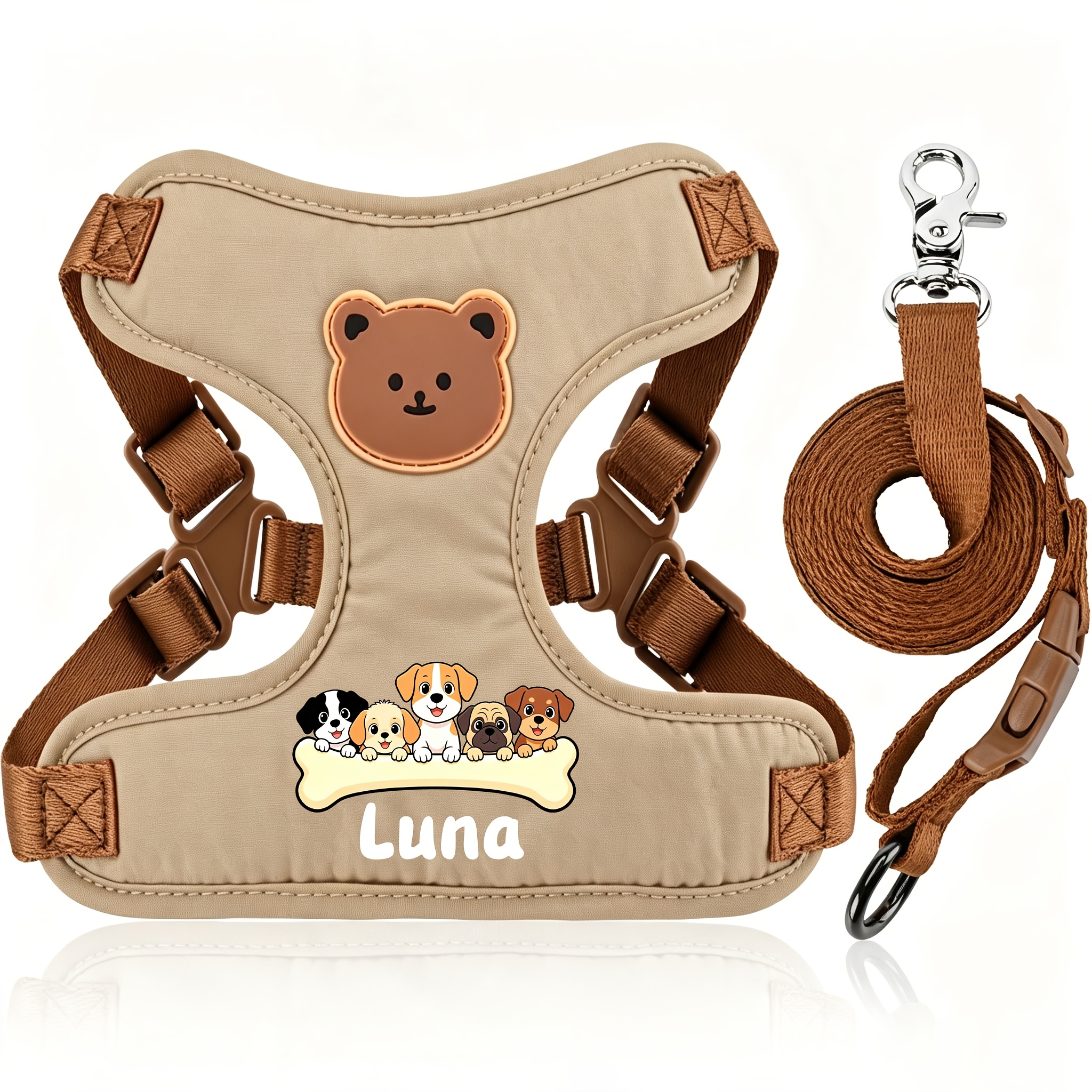 TEMU Juego de arnés y correa antifuga para mascotas, adorable estampado de oso con personalización de , diseño de arnés tipo chaleco , y transpirable